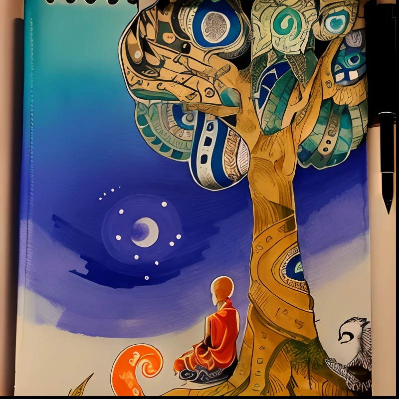 drawing of a monk sitting under a tree with a bird on his lap, found doodled in a sketchbook, artistic drawing, sketchbook drawing, ink drawing, pen and ink, detailed ink drawing, a drawing, intricate drawing, drawn on paper, ink sketch, zentangle, realistic