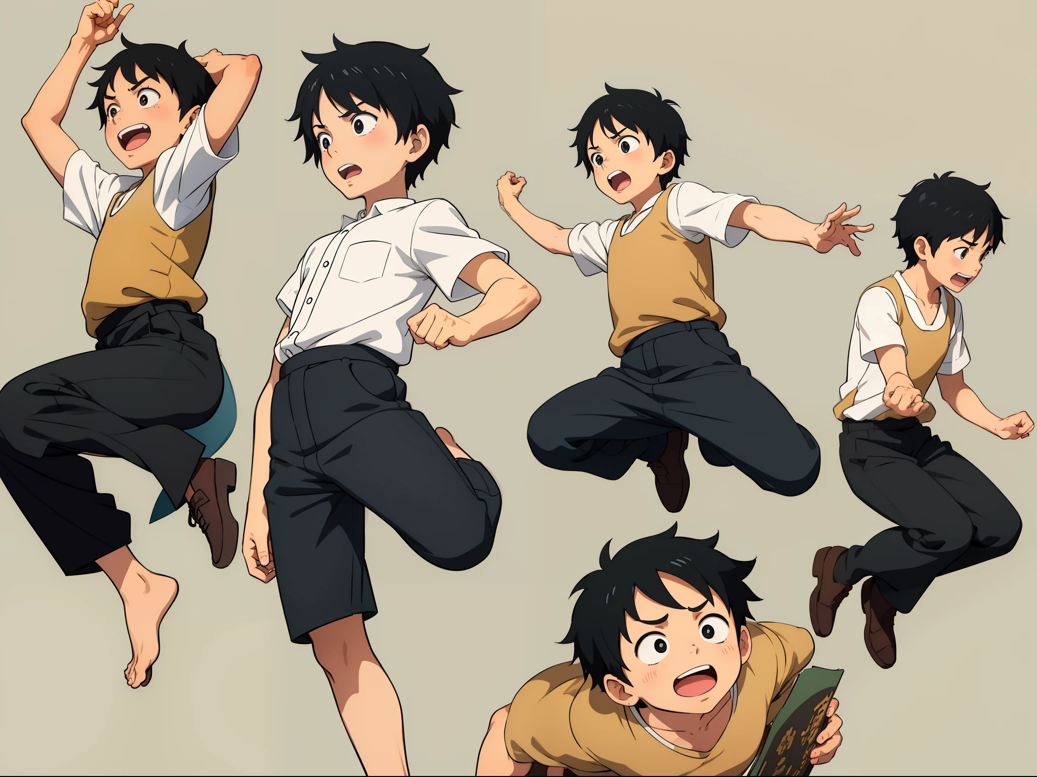 Boy, Light black hair, Short hairstyle, Jumping, Character Sheet, Multiple Poses and Expression, Different angles, Organizing, Ghibli style, 児童書, Menu Character,