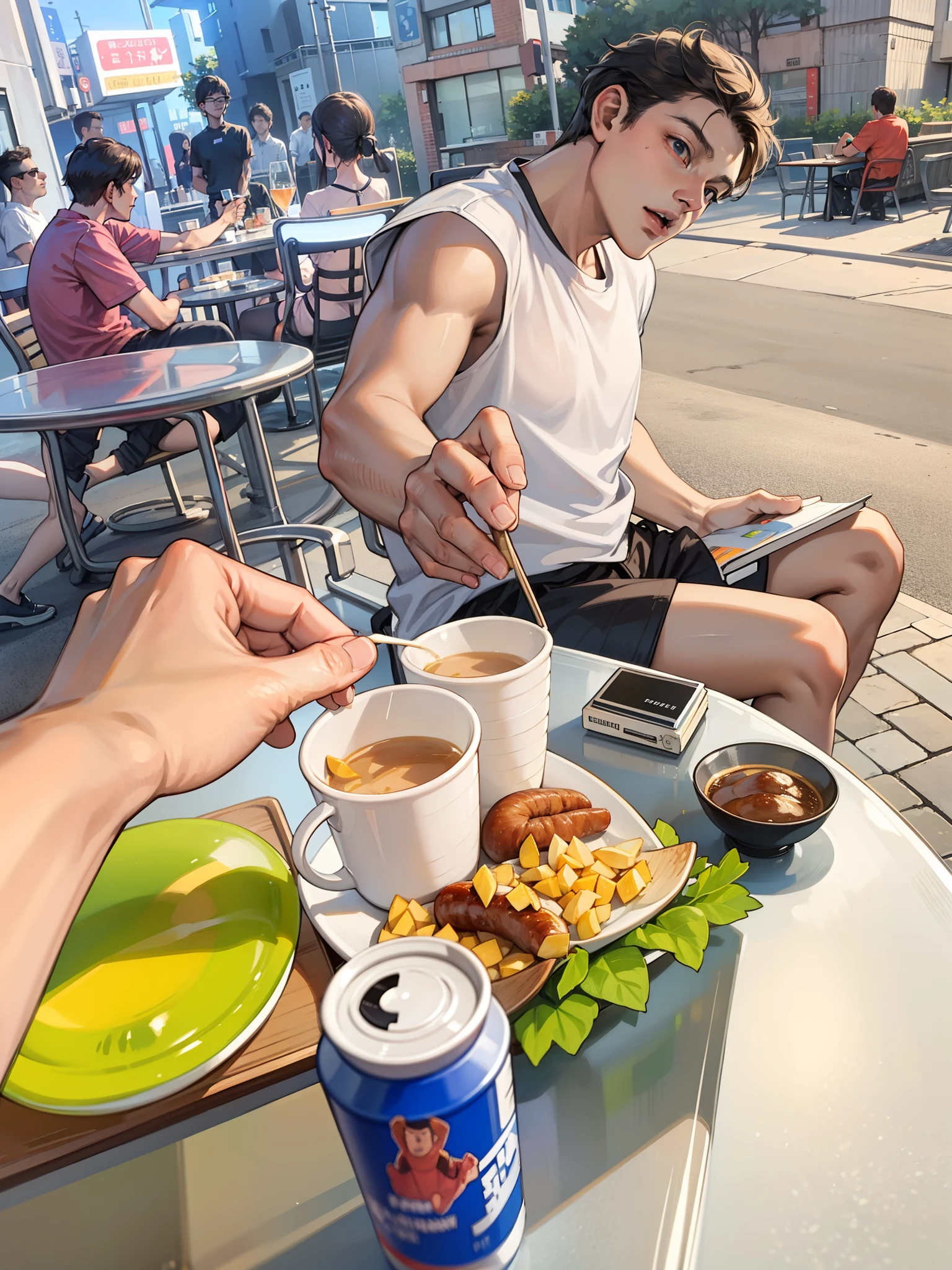 A man in black short sleeves, sitting on sofa with office in the background, eating sausage, 4K, high resolution
