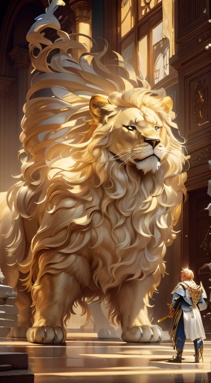 A diminutive new angel, with glorious silver wings, and silver blue and white demure gown, standing (in front of) before a giant golden-blonde haired lion, forced perspective ??????????? the angel and to the right, looking up at the giant beast on its four legs, extreme long shot 24k resolution, hyperdetailed, dramatic pose, in a great hall before a throne, bright golden white light.