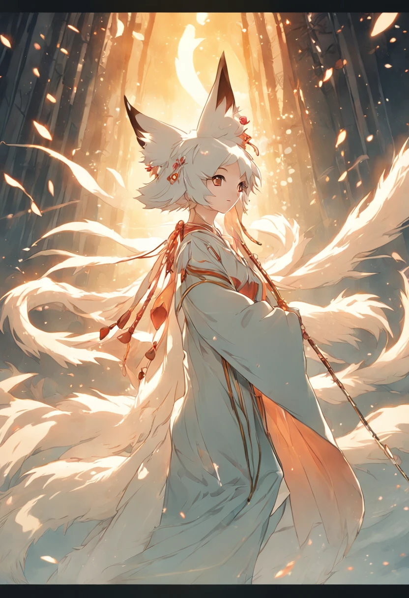 Large bamboo forest background, Beautiful Chinese wind fox fairy, Nine fox tails, Beautiful face, Glowing eyes, White Chinese traditional costume, White cape, Fox ears, half close-up, Look at the camera, Side shot, With an excited smile, style of surrealism, Very detailed, 8K resolution, rendering by octane,
