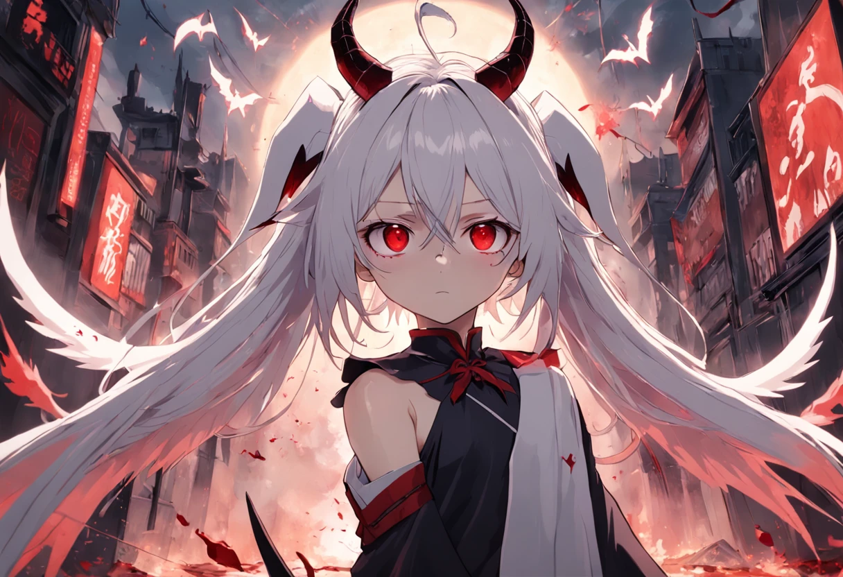 whaite hair，Red eyes，long whitr hair，demonic horns，Broken sailor suit，Girl body type，There are demon wings behind it，There was a little blood on his body，8K，Look into the camera，Dynamic，Background of destroyed cities