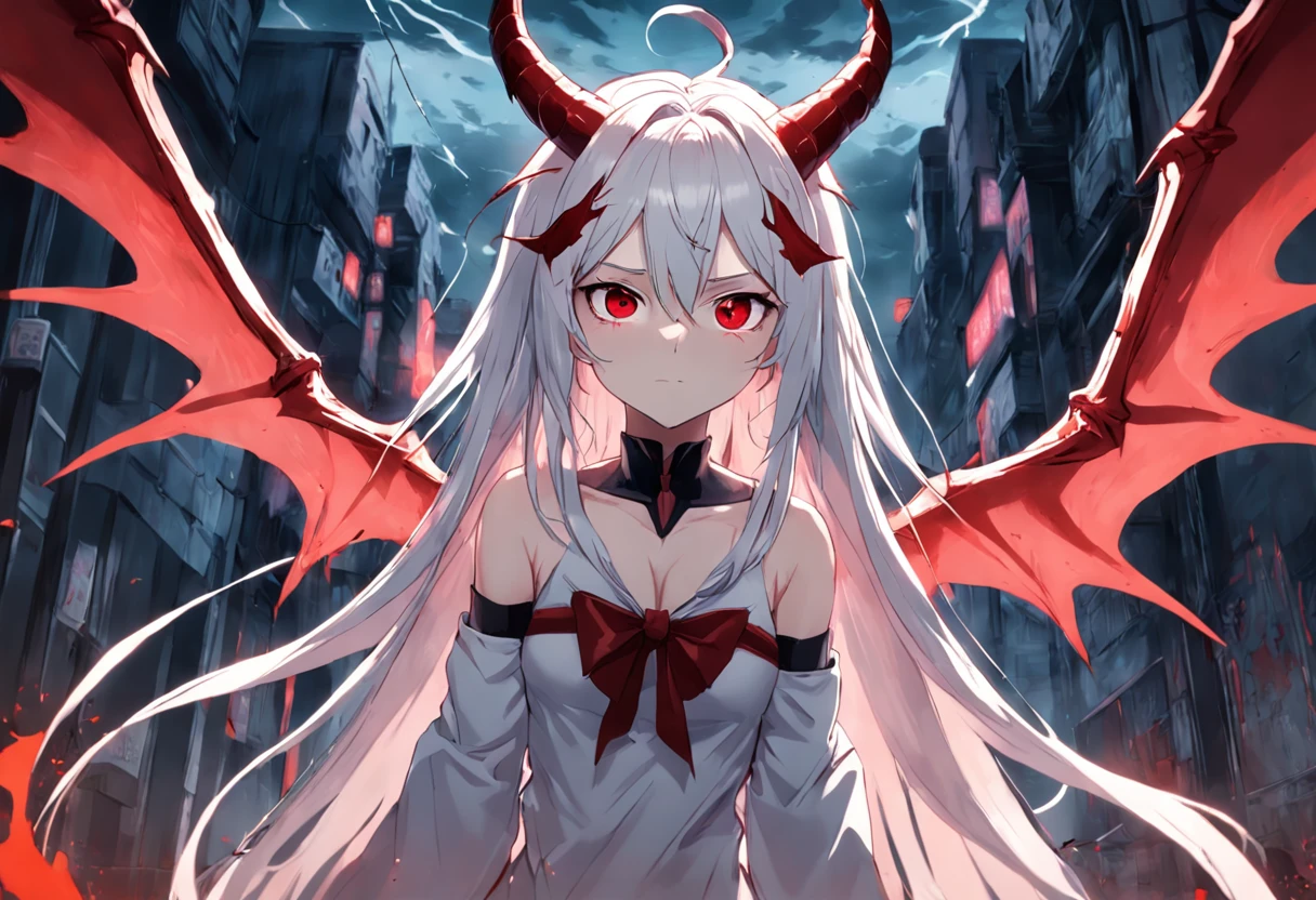 whaite hair，Red eyes，long whitr hair，demonic horns，Broken sailor suit，Girl body type，There are demon wings behind it，There was a little blood on his body，8K，Look into the camera，Dynamic，Background of destroyed cities