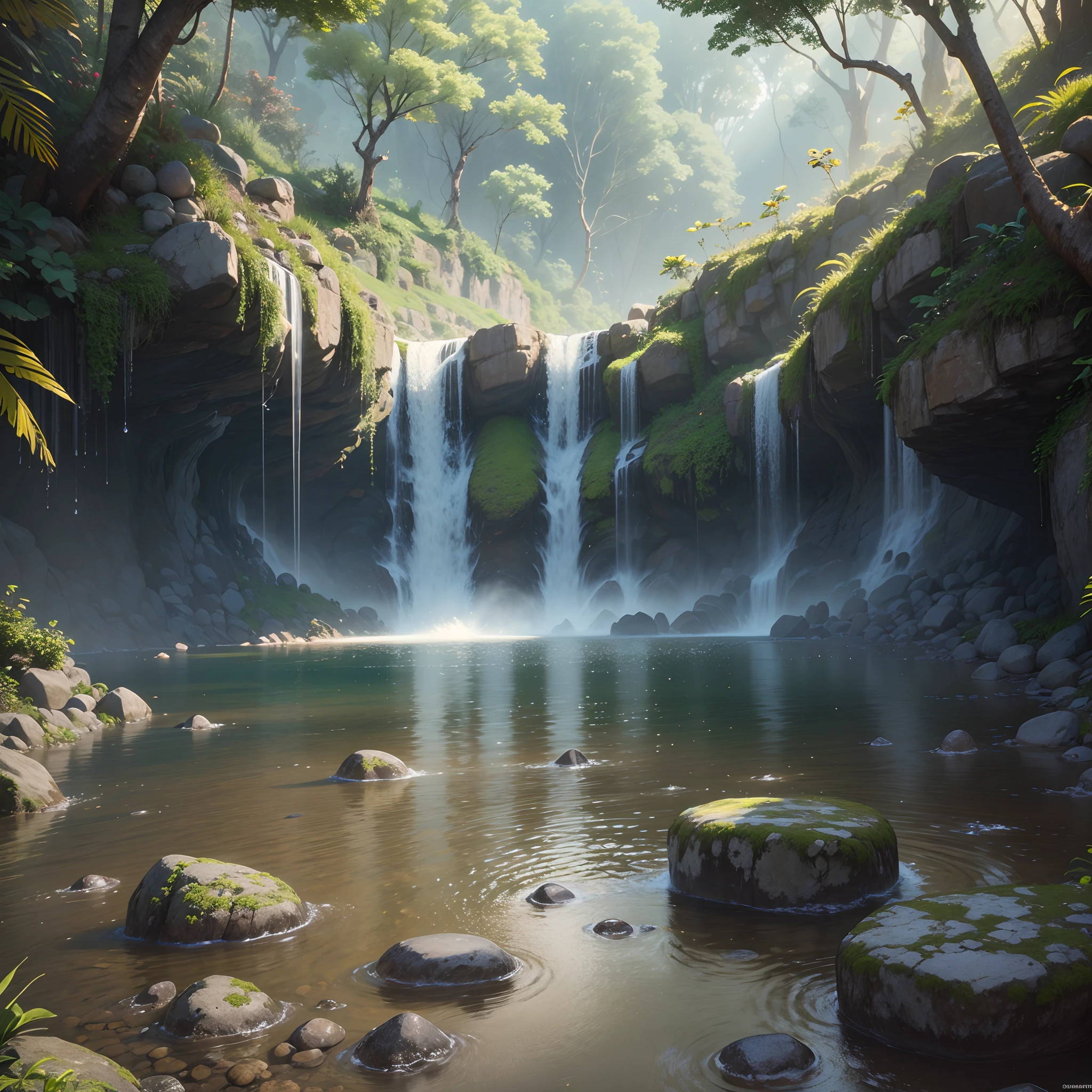 an incredibly beautiful and semi sitting on a rock, na beira do rio, cachoeira ao fundo, hiperrealista, 4k, 8k, octane render, insanamente detalhada, photon tracking, luz natural, idyllic setting. --auto --s2
