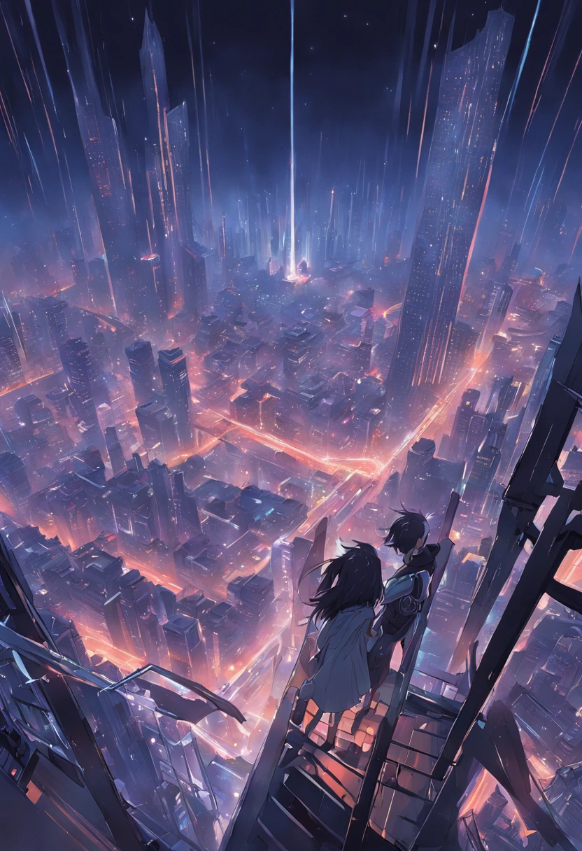 Develop interesting book covers for science fiction. Scenes depicting futuristic cities in the morning, Glittering skyscrapers and flying cars crisscross the dark sky. No centro da capa, A pair of protagonists look at the city from a terrace, Exchange expressions full of hope and mystery. Book title, "Beyond the horizon," It should be displayed in elegant letters,Blend in with the lights of the city. The color palette consists mainly of dark blue, Crimson, and neon details. This is、It is a portrait of the relationship between the characters and the possibilities of the world around them. detailed digital illustration, --AR 16:9 - V5.