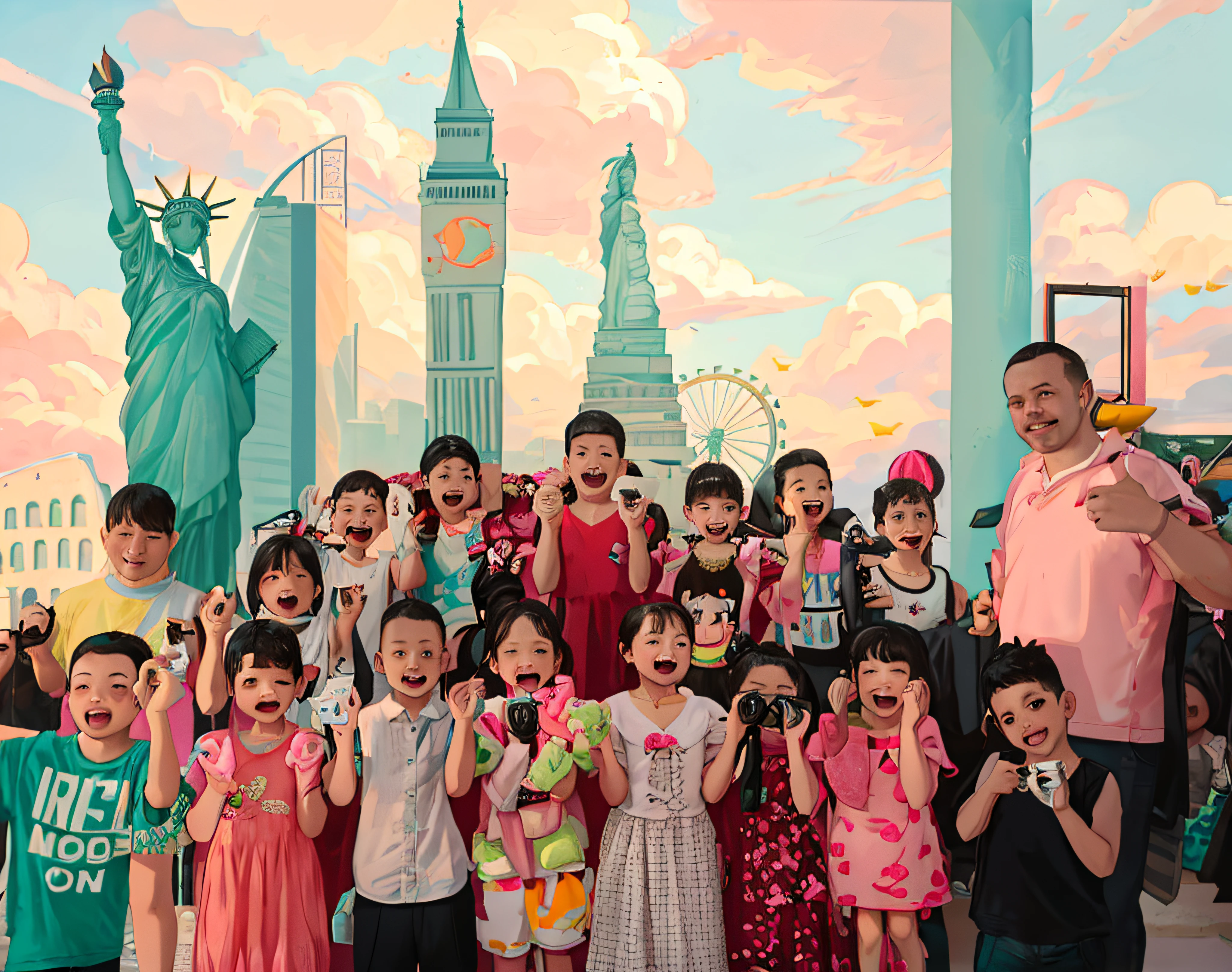 there are many children posing for a picture with a statue of liberty in the background, 🤬 🤮 💕 🎀, kids, kid, group photo, captured on iphone, 2 0 1 9, 2019, artist unknown, from china, abcdefghijklmnopqrstuvwxyz, artwork