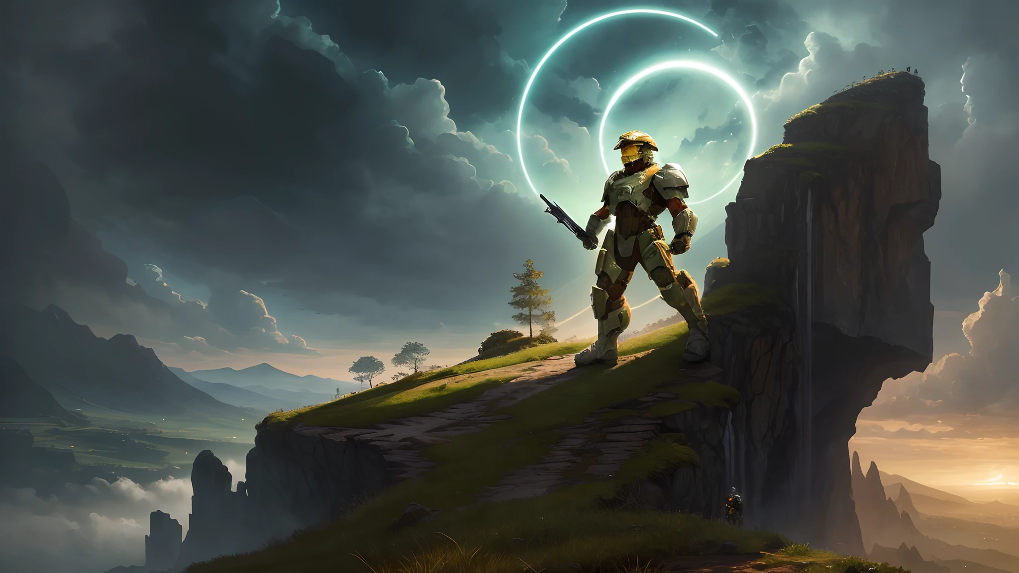 A stunning Halo Reach landscape with a Spartan on a hilltop, lush green forests surround them, clear sky, distant city view, focusing on the Spartan's majestic pose, intricate armor, and weapons, Artwork, oil painting on canvas, --auto --s2