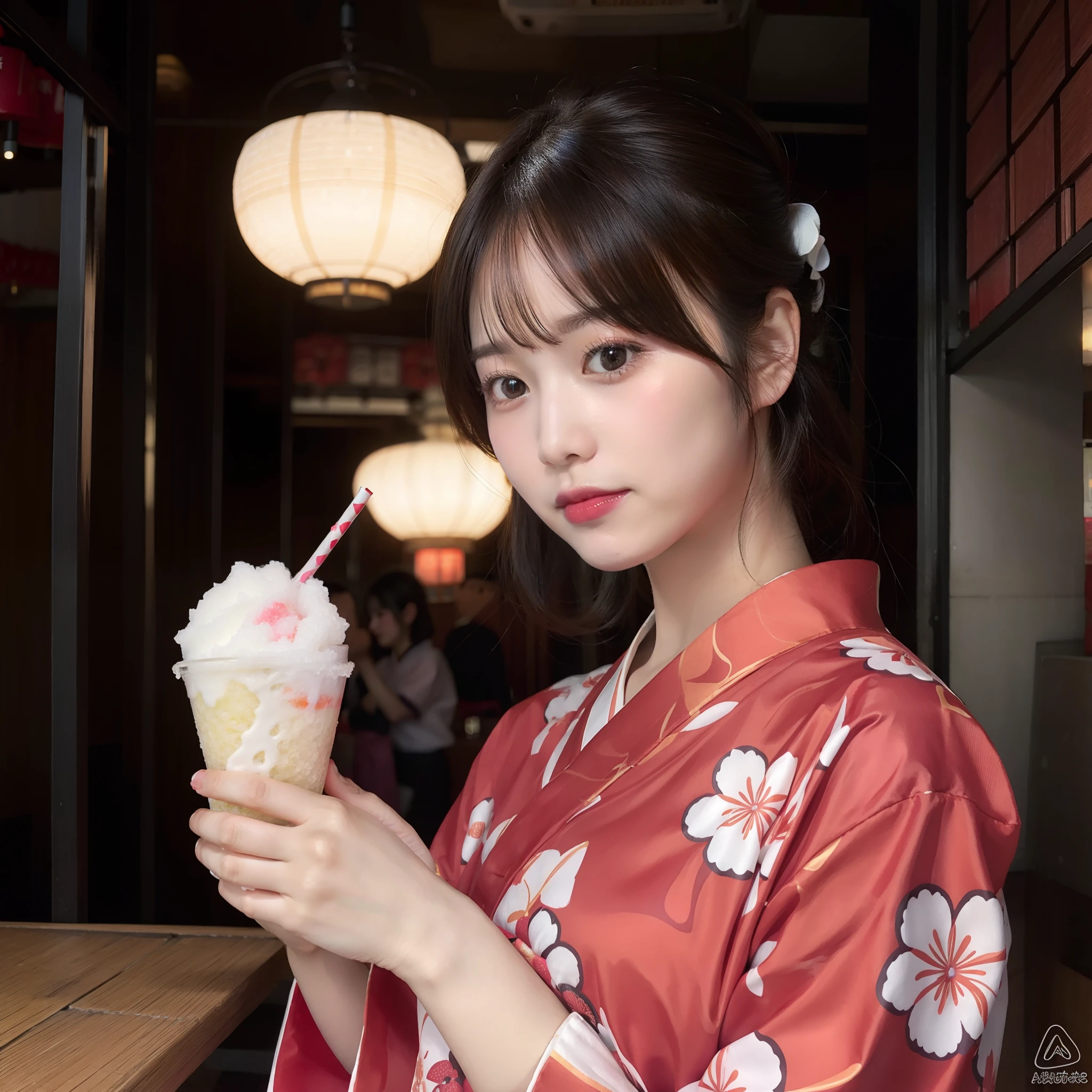 Girl eating shaved ice in yukata