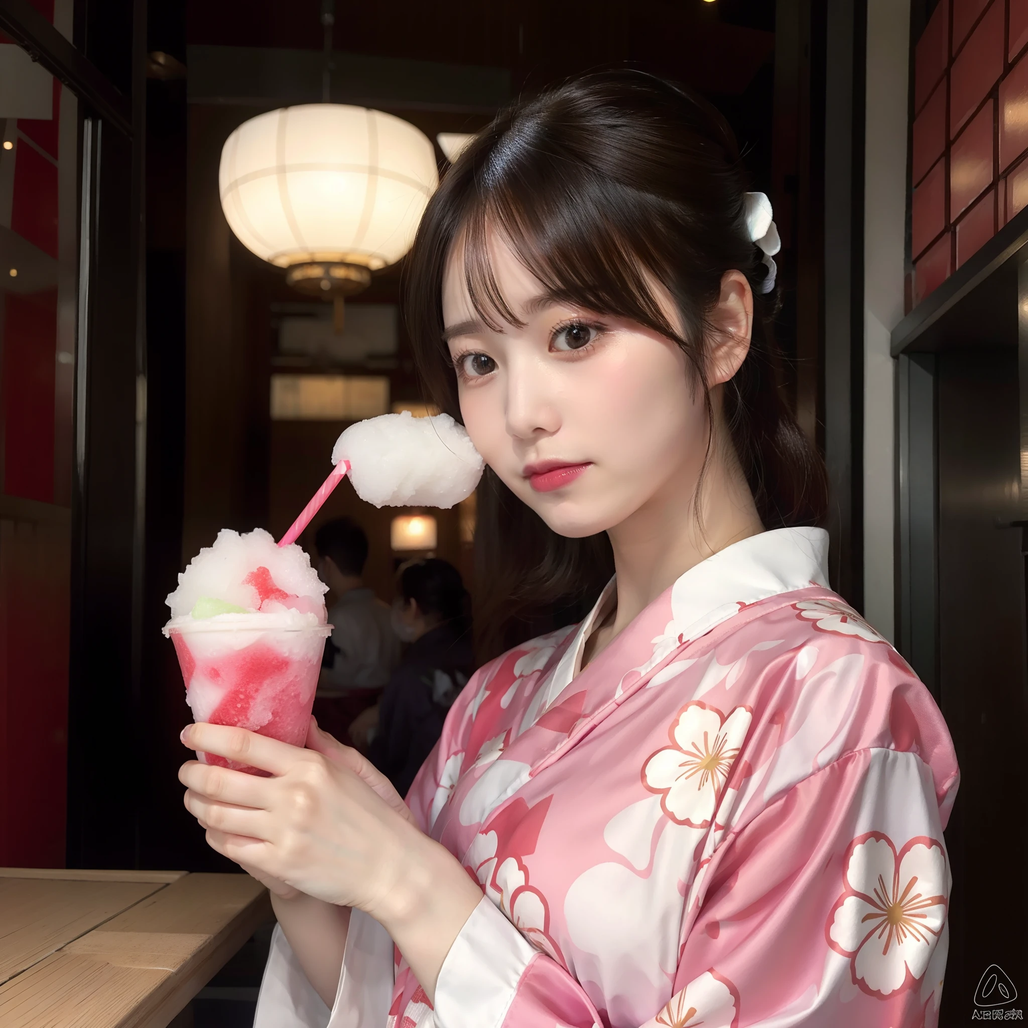 Girl eating shaved ice in yukata