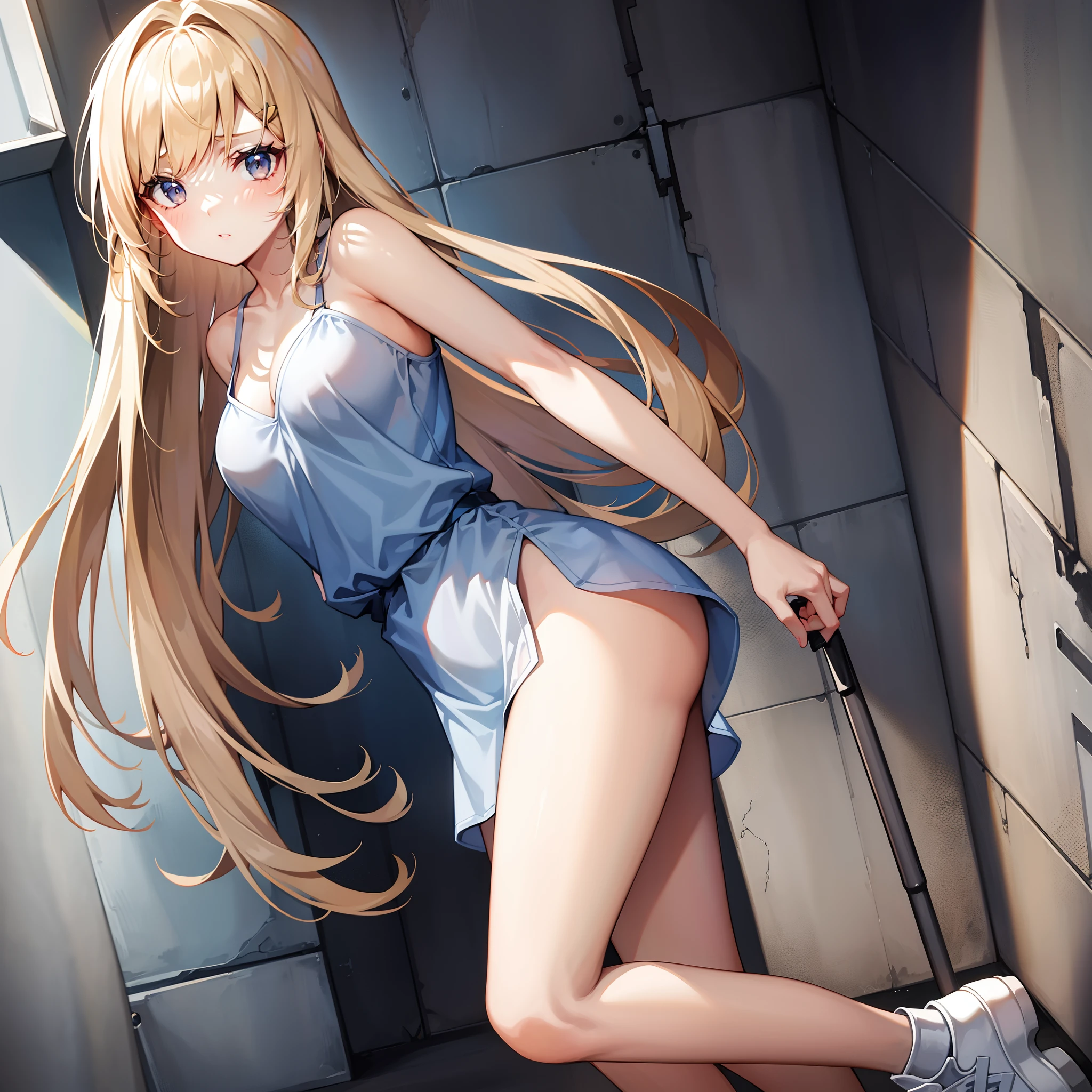 Female, 25 age years, Glazed face, blue negligee, white t-shirt, blonde hair, wearing sneakers, Hairpin character, standing in a shelter, Apocalypse, close up