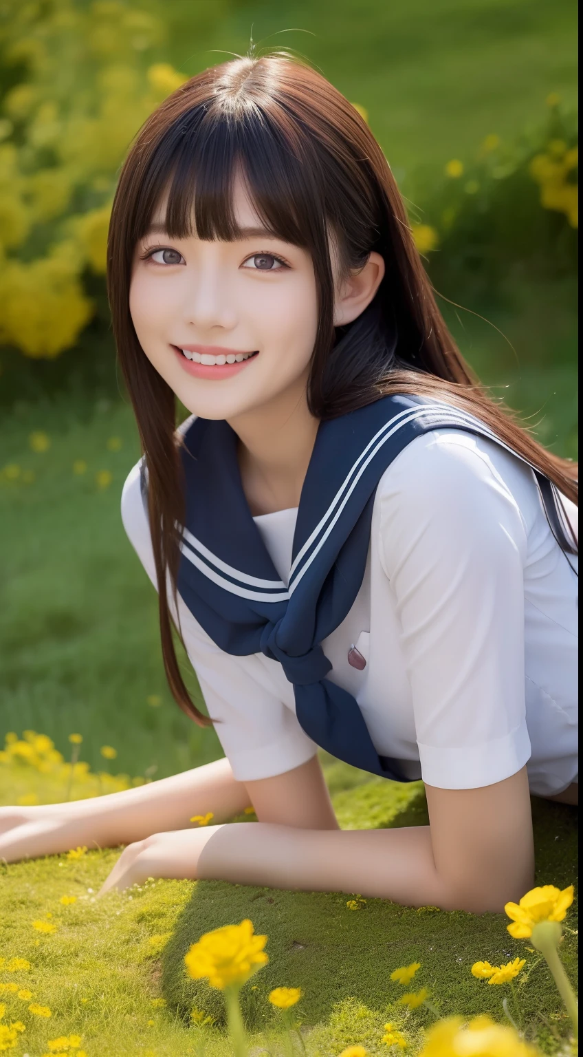 A smiling girl，Wear a tight sailor suit，denim pant，Lying on a large mossy rock in the middle of a field of rape flowers，There is a river next to it，com rosto detalhado，The eyes are delicate，The photo quality is the best，Realistic image quality，Background diffuse lighting，Depth of field display。