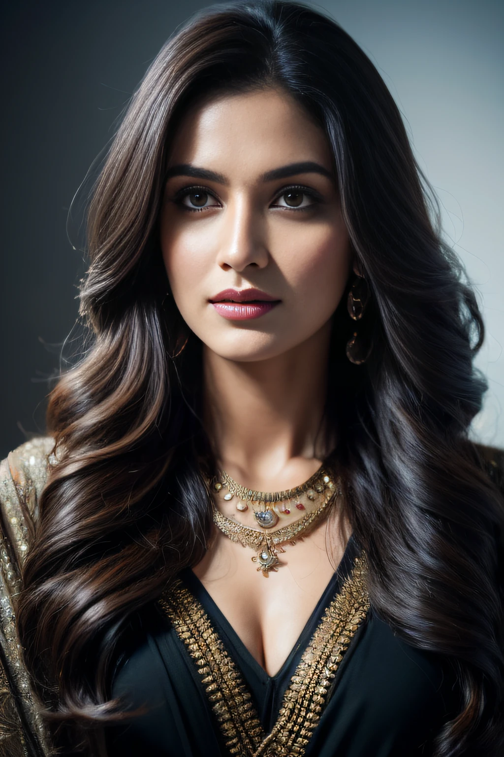 Portrait of A confident-looking indian  woman with long flowing hair, hazel eyes, with flowing capes, perfect composition, hyperrealistic, super detailed, 8k, high quality, trending art, trending on artstation, sharp focus, studio photo, intricate details, highly detailed, art by greg rutkowski