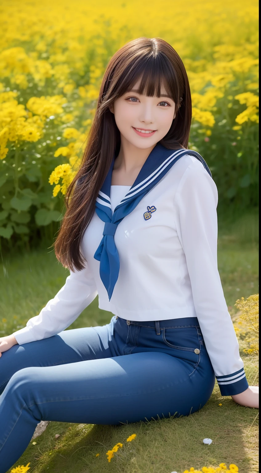 A smiling girl,Wear a tight sailor suit,denim pant,sitting on a large stone,There are a lot of sunflowers around,com rosto detalhado,The eyes are delicate,The photo quality is the best,Realistic image quality,Background diffuse lighting,Depth of field display。