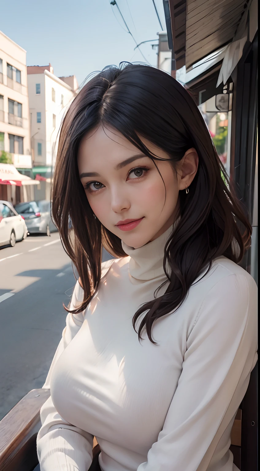 ((A mature woman sits in front of a café)),((turtleneck shirts:1.3)). 40k, Photography, Masterpiece, Best quality, dark grey background, ((Mature women, Wife, Mom, A MILF)), ((A plump chest)), Perfect face, perfect boobs, ((Breast-huge)), ((1 girl with brown eyes and gorgeous light black hair)). a Pretty Japanese woman，full soft breasts and white skin, ((very soft breasts)). Ultra-detailed face, Detailed eyes, Embarrassed, Smile, Summer, Daytime, (((Slave collar))), Half body, dated