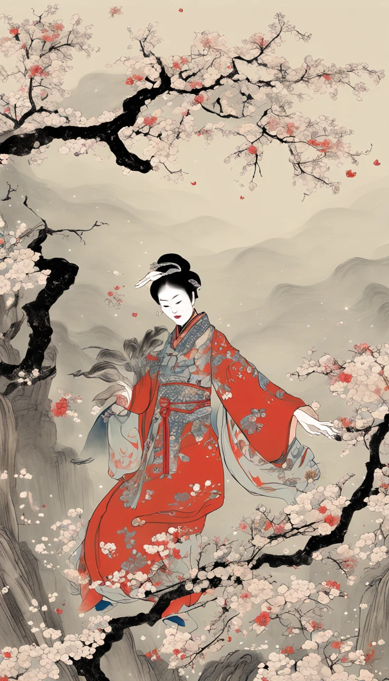 （Blurred foreground：It was snowing heavily：2.0，），（Plum blossoms fly：1.4），（Chinese Song dynasty beauties dancing），（realisticlying，Long flowing black hair，anatomy correct，Korean star face，ssmile，The hands and face are very delicate and clear），（Stand in the middle of a quaint courtyard，Plum tree，Song dynasty winter clothing，Abstract gouache splash：1.2，），（wide angles，Ultra HD details，Masterpiece, hyper HD, Super detail, High details, Best quality, A high resolution, Award-Awarded, 8K），（Chinese premium color scheme，电影灯光）