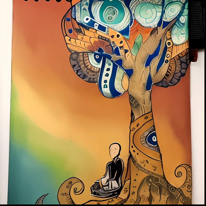 drawing of a monk sitting under a tree with a bird on his lap, found doodled in a sketchbook, artistic drawing, sketchbook drawing, ink drawing, pen and ink, detailed ink drawing, a drawing, intricate drawing, drawn on paper, ink sketch, zentangle, realistic