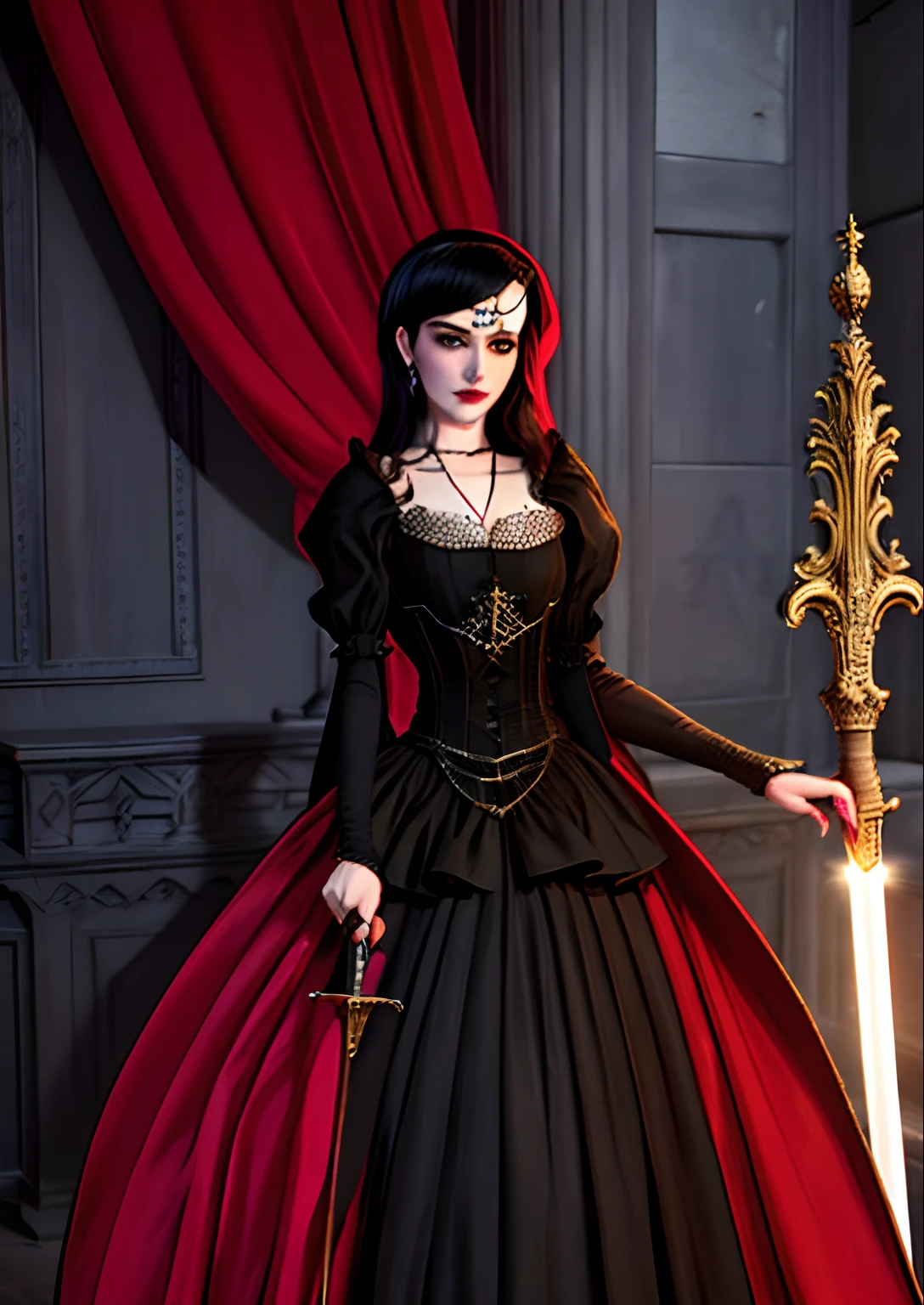 Slender female vampire with blue eyes and long blond curly hair wearing a shiny blood red tight dress with diamonds from breast to toe and a long black cape around her shoulders standing in front of the church late at night, the winner one tumblr contest, art deco, elegant, busty, gothic, sparkly