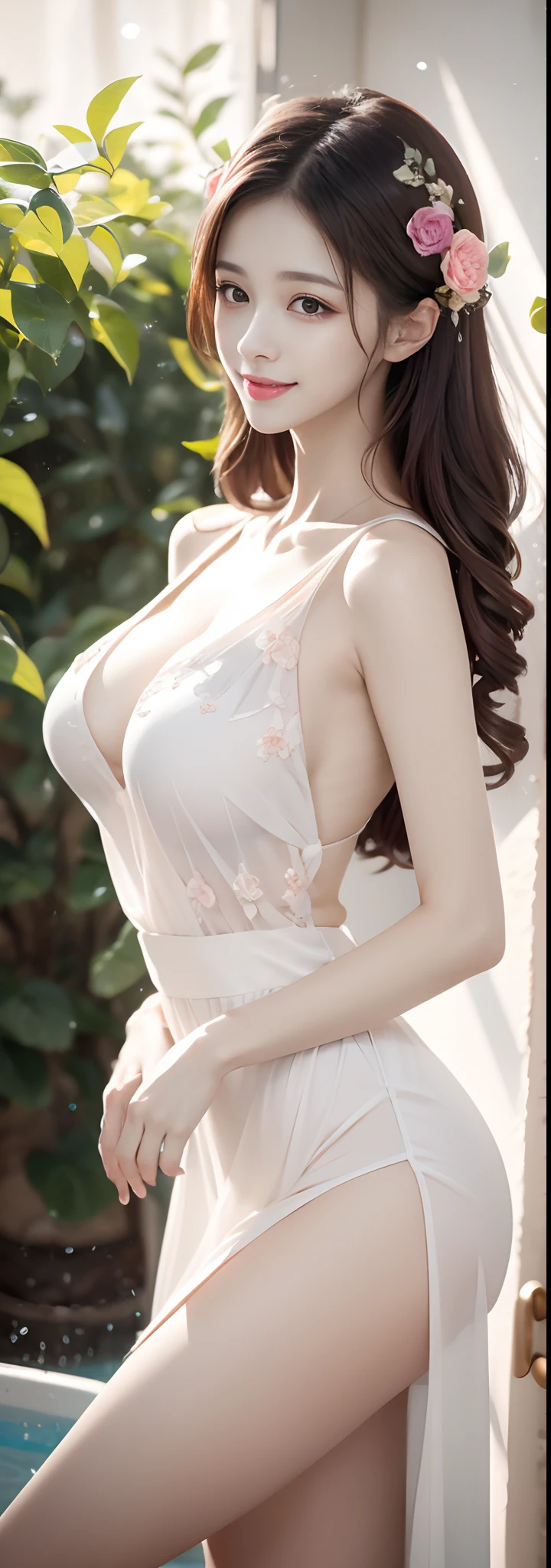 8K high quality wallpaper delicate water drops,Beautiful woman exposing bare shoulders from bathtub
Molded characteristics: standing posture,
Purple floral long dress
Soft natural light,cinematric light, Side lights
Elf ears
The hooded bow is seductive and energetic,Blurred,Extinction,Moving,seductiv,Sexy smile
Sexy lace clothing, Open V chest clothes,Wavy detail hair,Peony flowers bloom bright red tattoos,Delicately reveals the texture and texture of the petals。light particules, lens flare glow, Luminous Particle