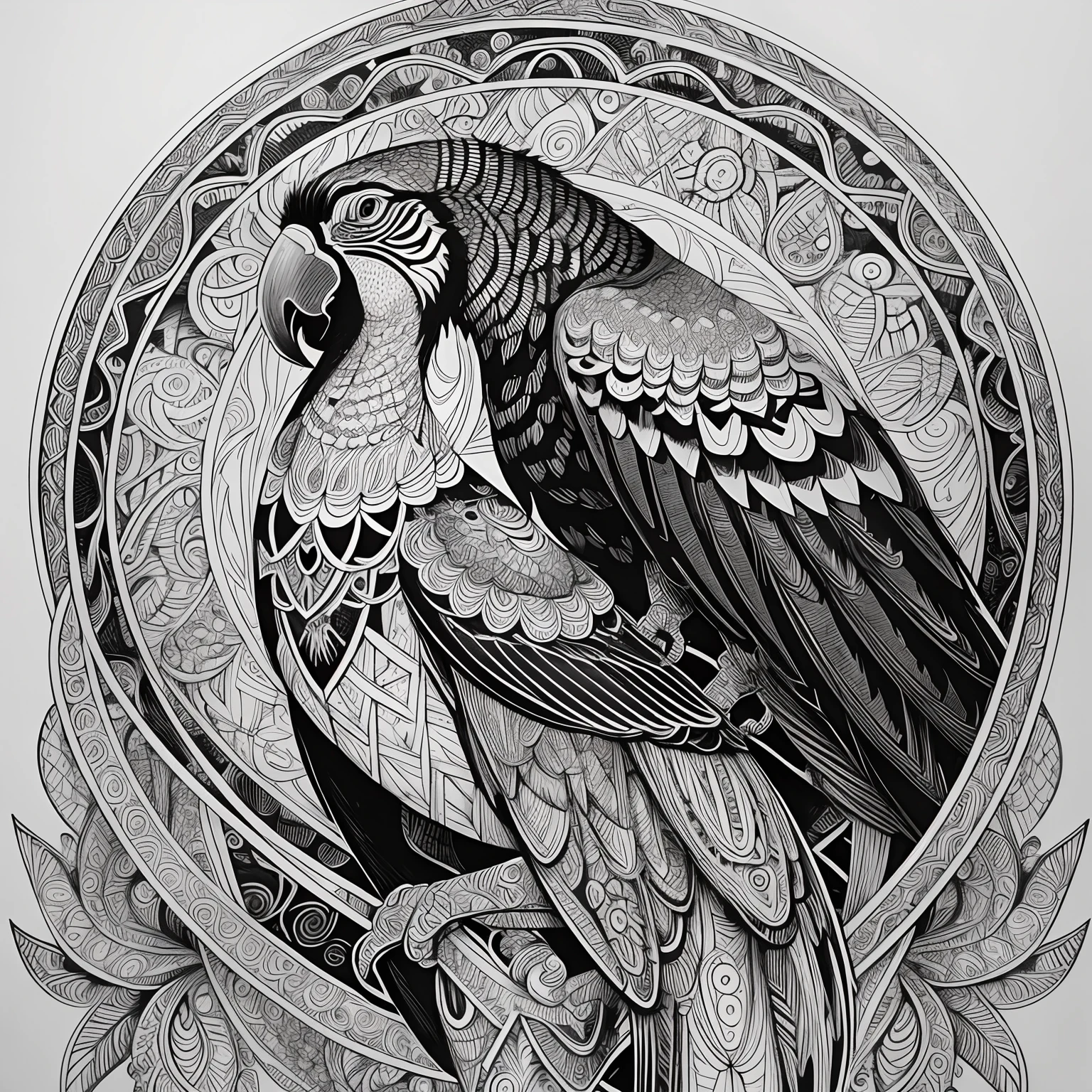 parrot, black and white, zentangle (best quality) ultra-detailed, fine line drawing, fine line art, coloring book illustration style, intricate linework, highly detailed illustration, perfect composition, beautiful and stunning, dynamic angle, high contrast, incredible shading, incredible detail, unique style, black and white details, (dark and mystical atmosphere), intricate and detailed nature elements.