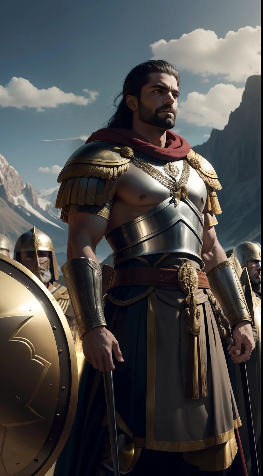 Imagine a scene where King Xerxes is standing in front of Leonidas and his warriors, with his army behind him. He is holding up his hand, demanding their surrender. Leonidas and his warriors are shown standing in a line, with their shields raised and spears at the ready. The image is set against a backdrop of mountains and clouds. epic, realistic, 8k