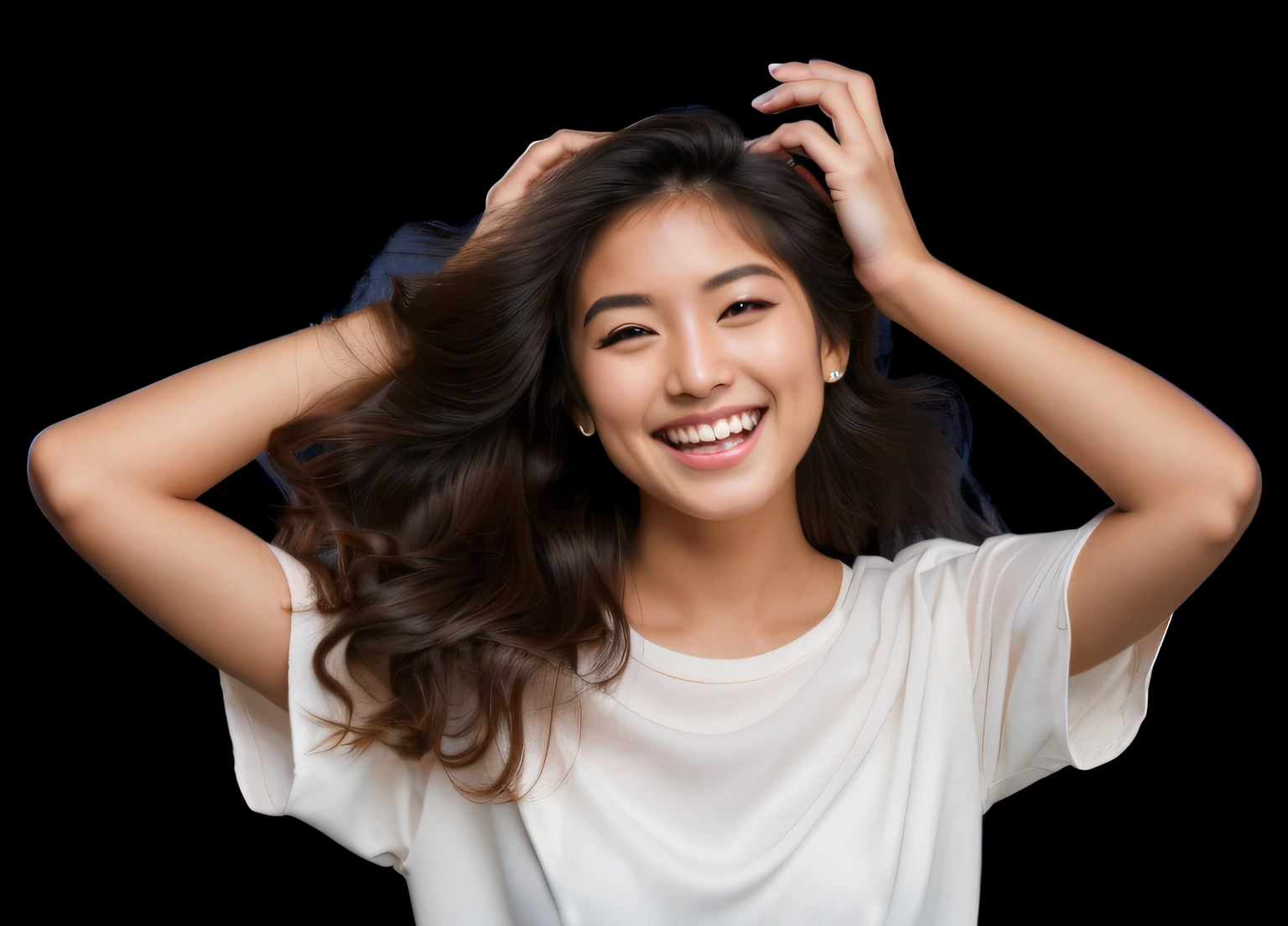 arafed woman with long hair smiling and holding her hair in the air, she expressing joy, smiling fashion model, she is smiling and excited, happy fashion model face, asian girl with long hair, she is smiling and happy, smiling fashion model face, a young asian woman, beautiful young korean woman, beautiful and smiling, gorgeous young korean woman, smiling young woman