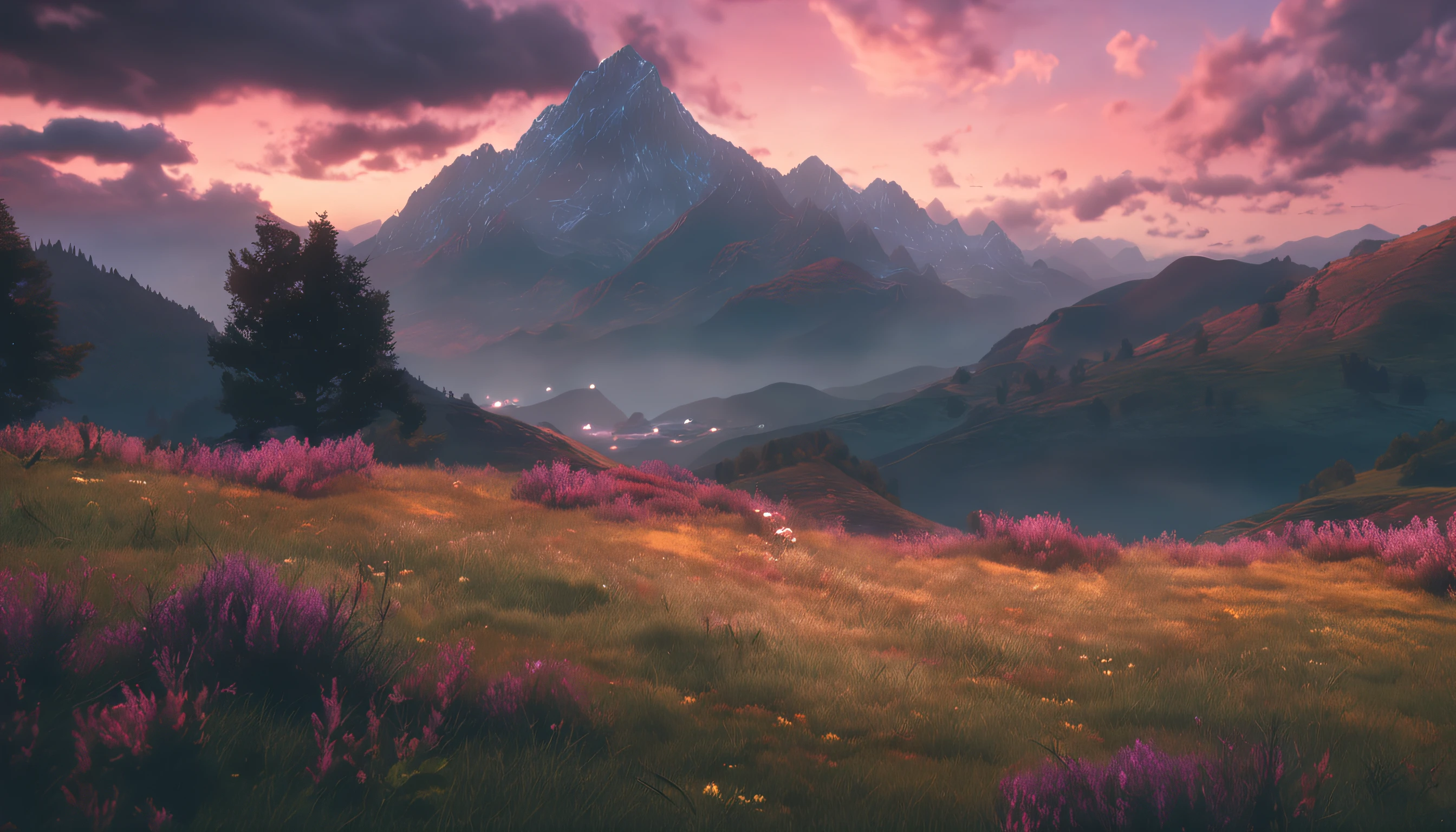 ghibli style, beautiful sky with mountains and meadow, 4k wallpaper. Rainy atmosphere, evoking a moody and desolate future."