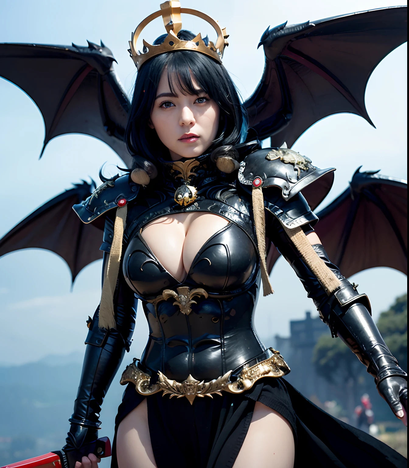 (masutepiece), Professional , ​masterpiece、top-quality、photos realistic , depth of fields （Gemstone Black Metal Body:1.９),(Matte Black、（cleavage of the breast）、Dragon Gold Weapon（Dragon Metal Body:1.４),Gorgeous gold weapons ,（（ Dragon's dense and gorgeous sword）） , Beautiful knife   ,warhammer 40k , adepta sororitas,Detail and gorgeous crown、（（Blue hair））、（Castle background）、The dragon、（（Gangle's forest background））、Beautiful Caucasian beauty、（１a person）、dynamic ungle,(((Detailed and ornate Black Devil Crown)))、Smaller head、A smile、Castle background、Thin and beautiful female hands、cleavage of the breast、Soldier in iron armor on background、Mystical expression、Light Effects、Wind-effect、magic circles、With the legendary magic wand、（demonic wings）、（Blue hair）、（1 persons）、Battle Look、Anatomically correct body、Toostock、Toostock、