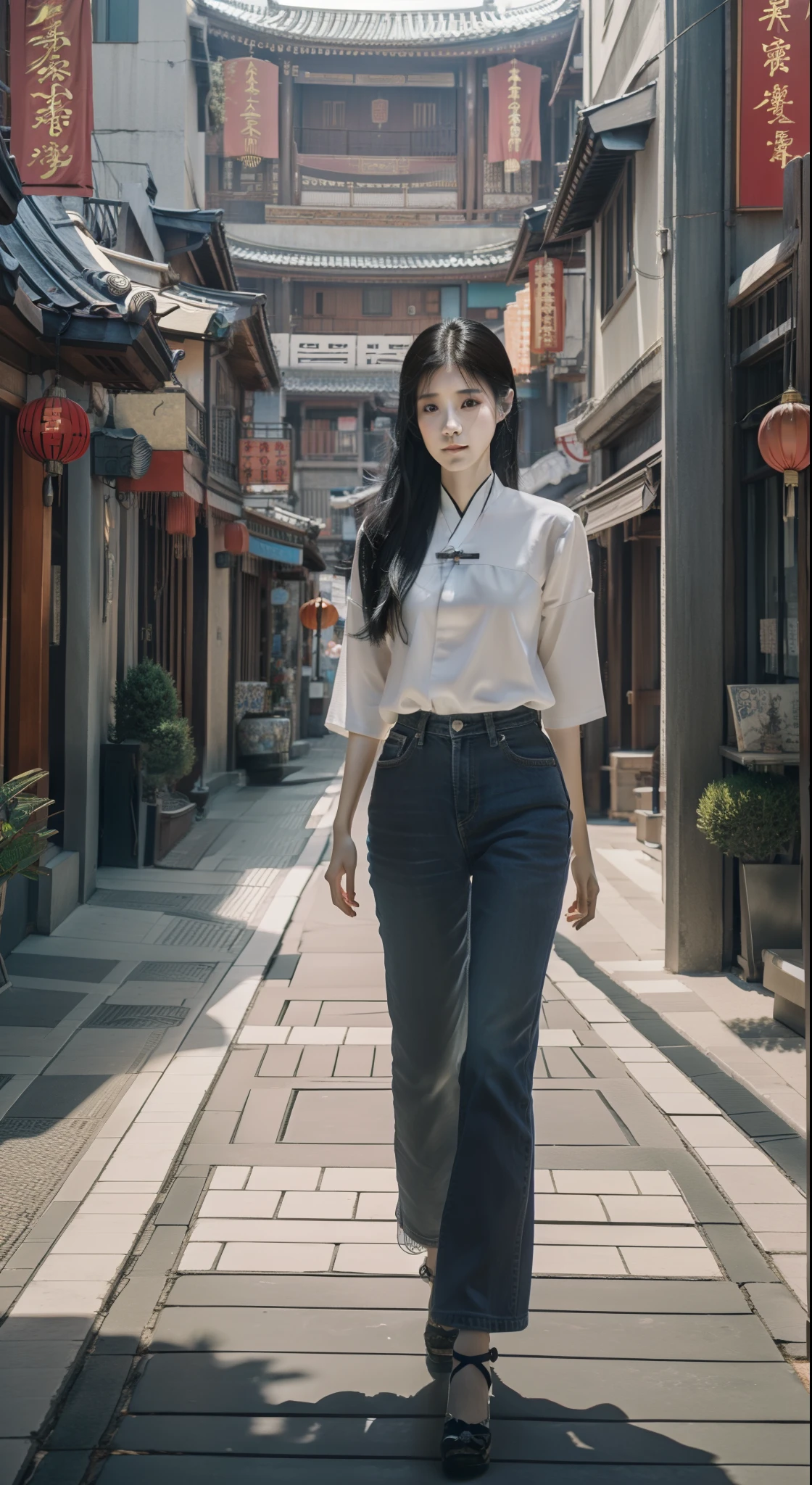 Woman with long black hair walking down a new modern Chinese street, Realistic art style, Guviz-style artwork, style of surrealism, Photorealistic art style, art of photography, Realistic details and light and shadow，super detailing，8K