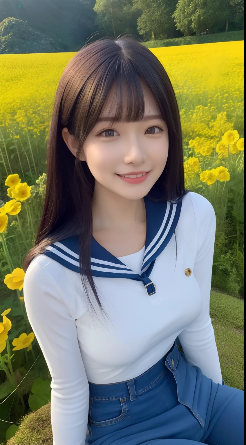 A smiling girl,Wear a tight sailor suit,denim pant,Lying on a large mossy rock in the middle of a field of rape flowers,There is a river next to it,com rosto detalhado,The eyes are delicate,The photo quality is the best,Realistic image quality,Background diffuse lighting,Depth of field display。