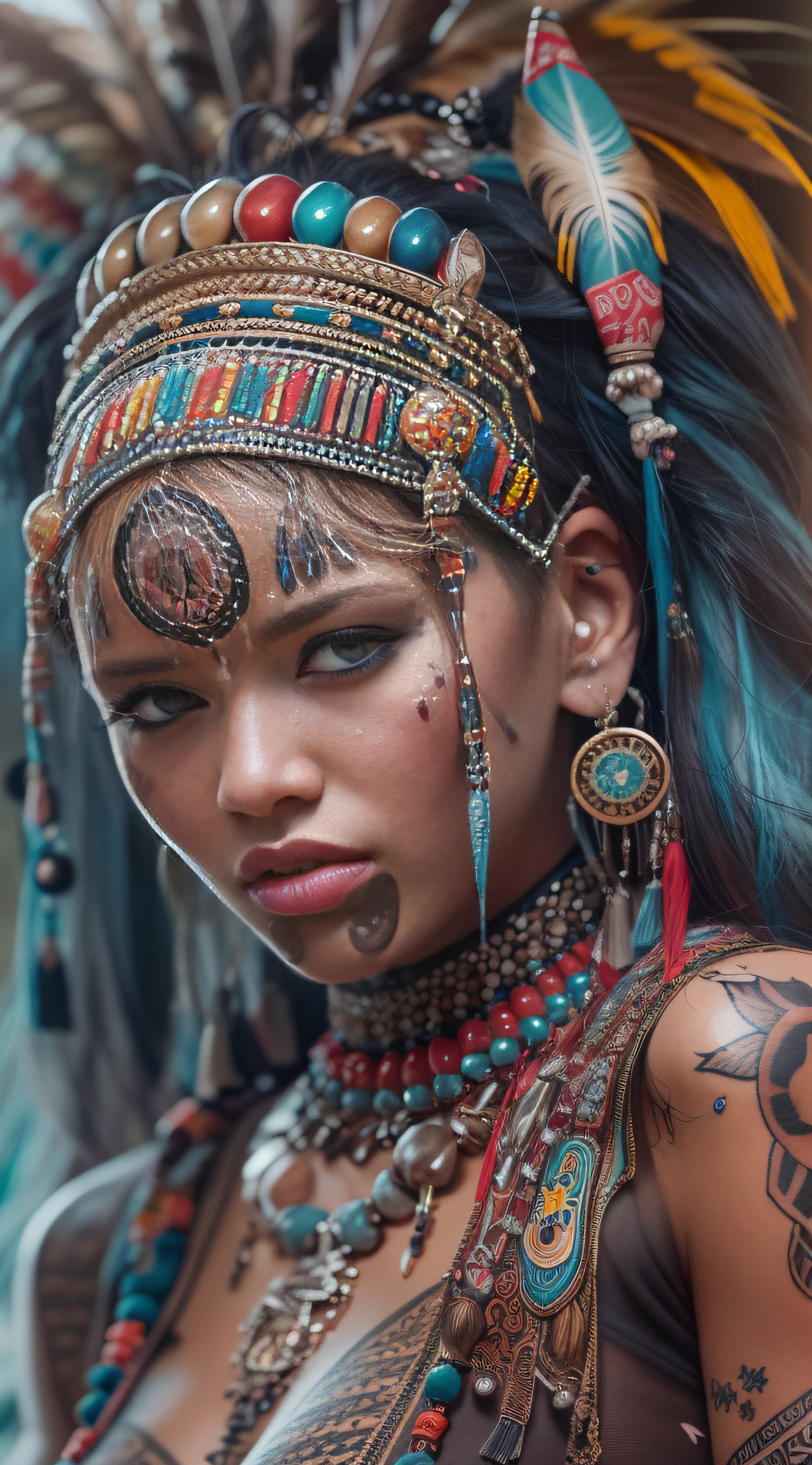 coloured ink in water, Create a generative painting that captures the unique beauty and complexity of punk female Nubian facial features, asian eyes and nose, tribal feathers, tribal beads, tattoos, enamel, ceramic jewellery, trending on artstation, sharp focus, studio photo, intricate details, highly detailed, 32K resolution, perfect composition, perfect face, ultra detailed