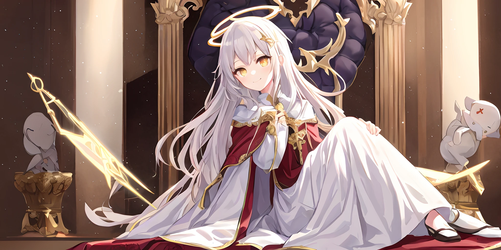 Pope full body,one-girl,Poor milk,On the scepter,Lie down in bed(long white robe,The pattern is complex))red shawl,(cute anime face),Gold eyes,long white hair,ssmile,The halo,(Sit on a low throne),In a magnificent castle,ultraclear
