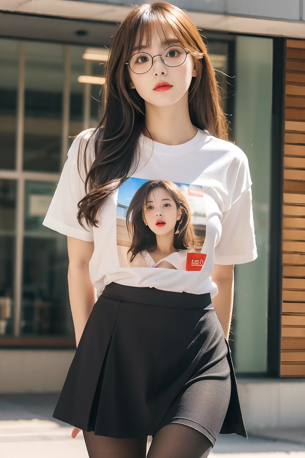 ulzzang-6500-v1.1,(raw photo:1.2), (photorealistic:1.4), beautiful detailed girl, very detailed eyes and face, beautiful detailed eyes, ridiculous, incredibly ridiculous, huge file size, super detailed, high resolution, very detailed, best quality, masterpiece, ((t-shirt)), illustration, very detailed, CG, unified, 8k wallpaper, amazing, fine details, masterpiece, Best quality, very detailed CG unified 8k wallpaper, face light, movie lighting, 1girl, , long white hair, side split, (big breasts), (no panties)), (with glasses), (dynamic pose), (sexy pose), ((camel toe))), (half), ((pantyhose)), ((black hip skirt)), (bent knees)))))