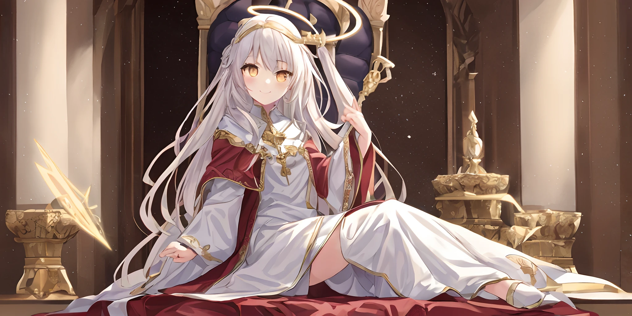 Pope full body,one-girl,Poor milk,On the scepter,Lie down in bed(long white robe,The pattern is complex))red shawl,(cute anime face),Gold eyes,long white hair,ssmile,The halo,(Sit on a low throne),In a magnificent castle,ultraclear