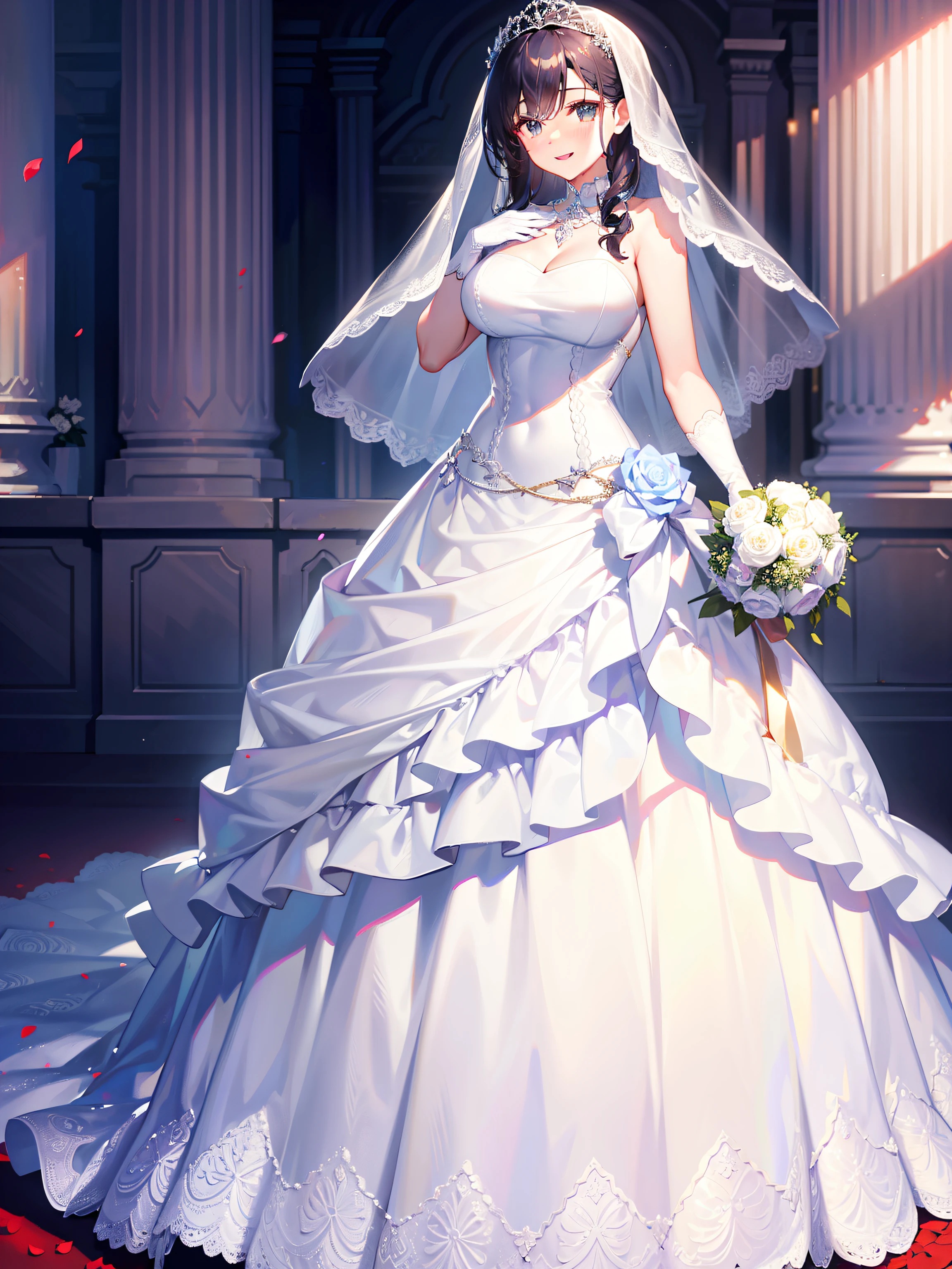 a beautiful young woman wearing a stunning white wedding dress, with intricate lace details, a full skirt, and a flowing veil, standing gracefully and holding a bouquet of flowers, smiling radiantly, in an elegant, romantic pose, with a soft, glowing lighting effect, highly detailed and photorealistic, cinematic lighting, stunning colors, 8k, best quality, masterpiece