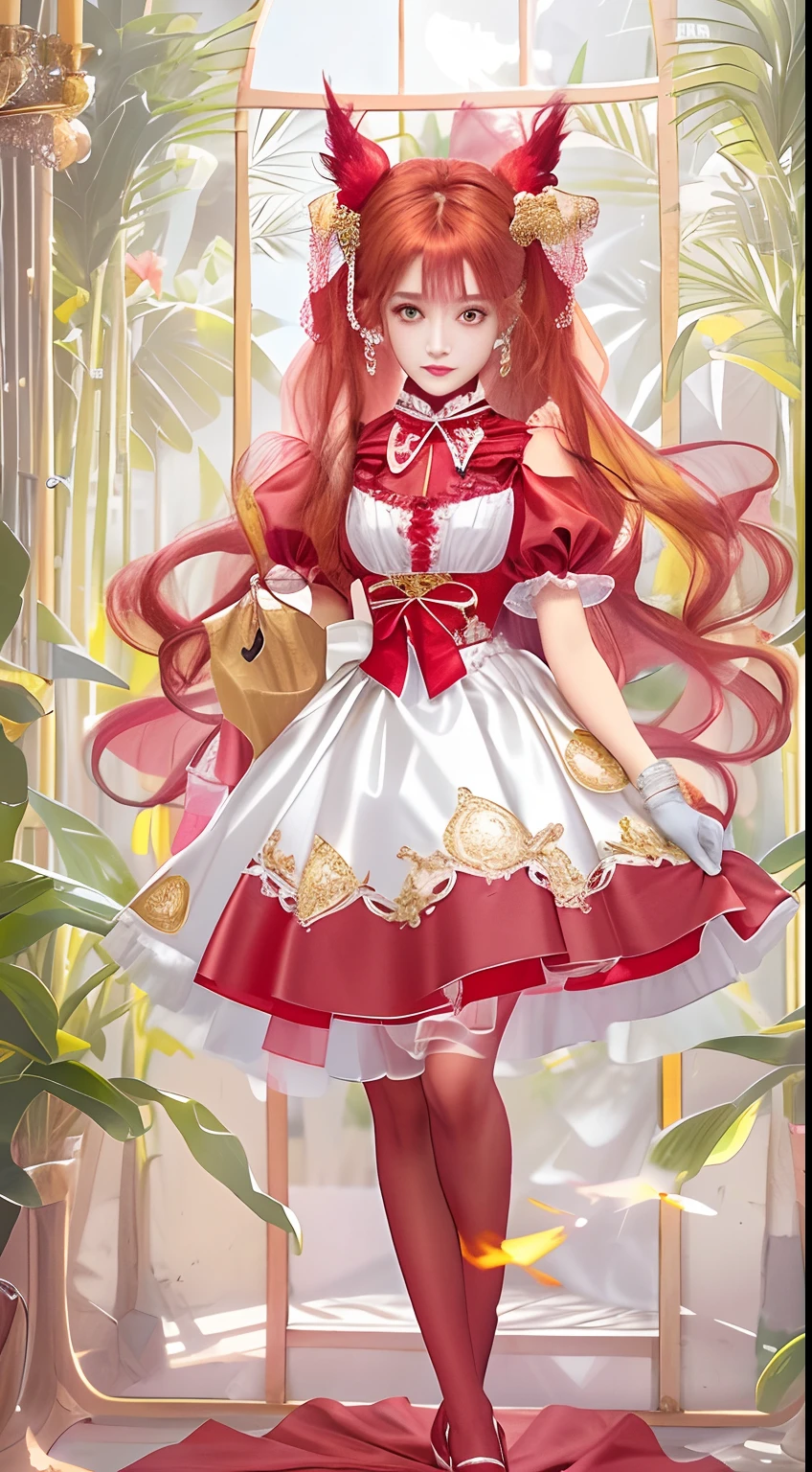 The appearance is very attractive, Wear a pair of fiery red pantyhose，Wearing a fiery red Lolita dress，Fair and delicate skin，The eyes are a pair of clear and bright gemstone gold，The hair is jeweled fiery red，waist-high，The whole person exudes a fresh and lovely atmosphere，16 yaers old，Extremely realistic