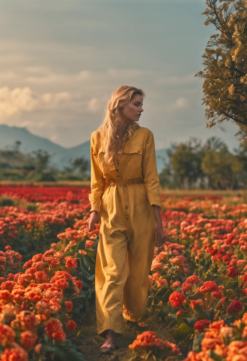 blonde beautiful,largeeyes,blue denim pants,Bigchest,Thick legs,Country fields,ssmile,Golden butter cauliflower,Hold flowers in both hands,Sit on the ground