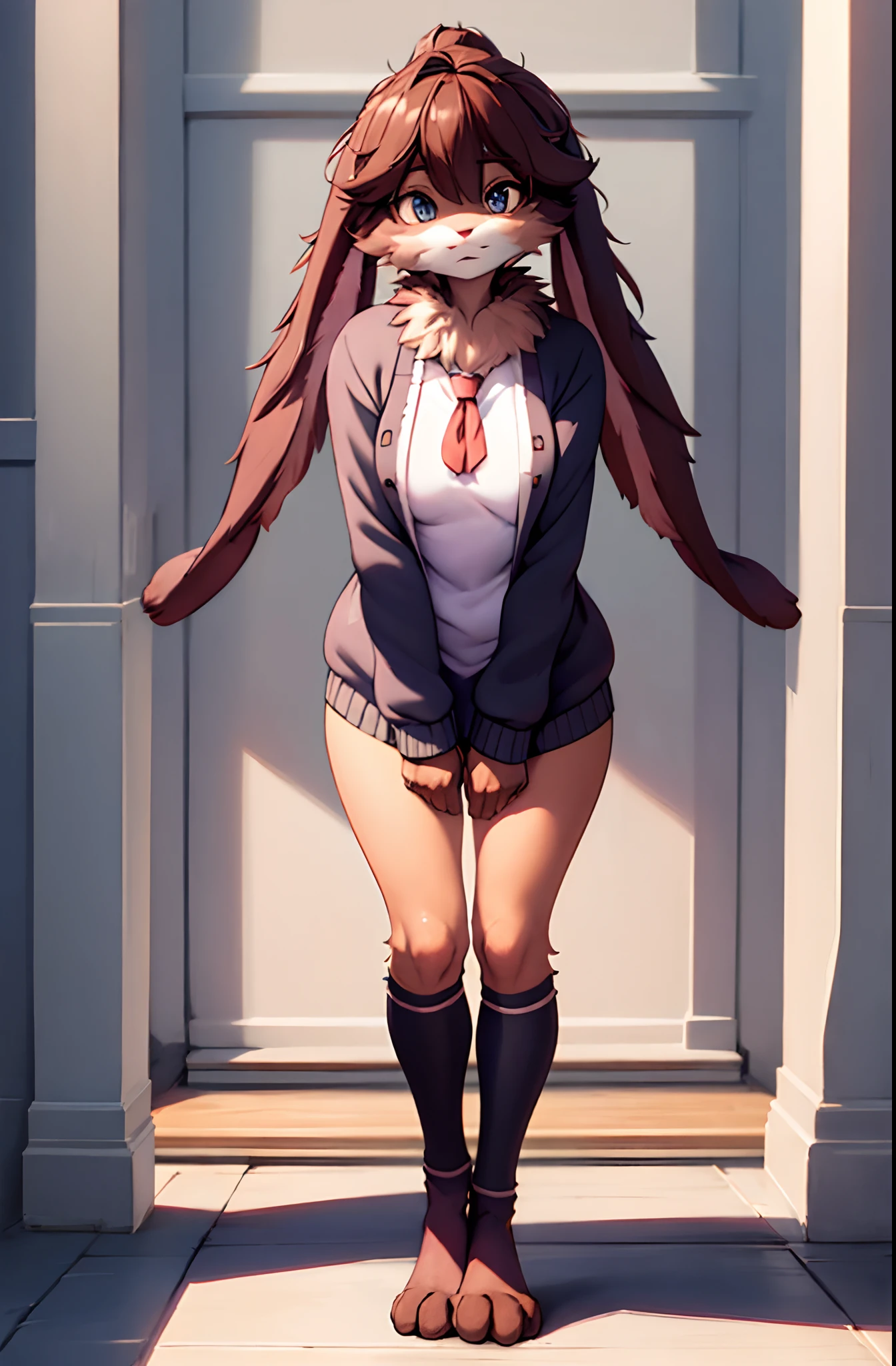 lop, masterpiece, best quality, solo, rabbit, long floppy ears, furry, fur, (detailed eyes:0.9), (detailed lighting, depth of field:0.9),lop rabbit, leaning forward, park, panorama, day, full body, Cardigan