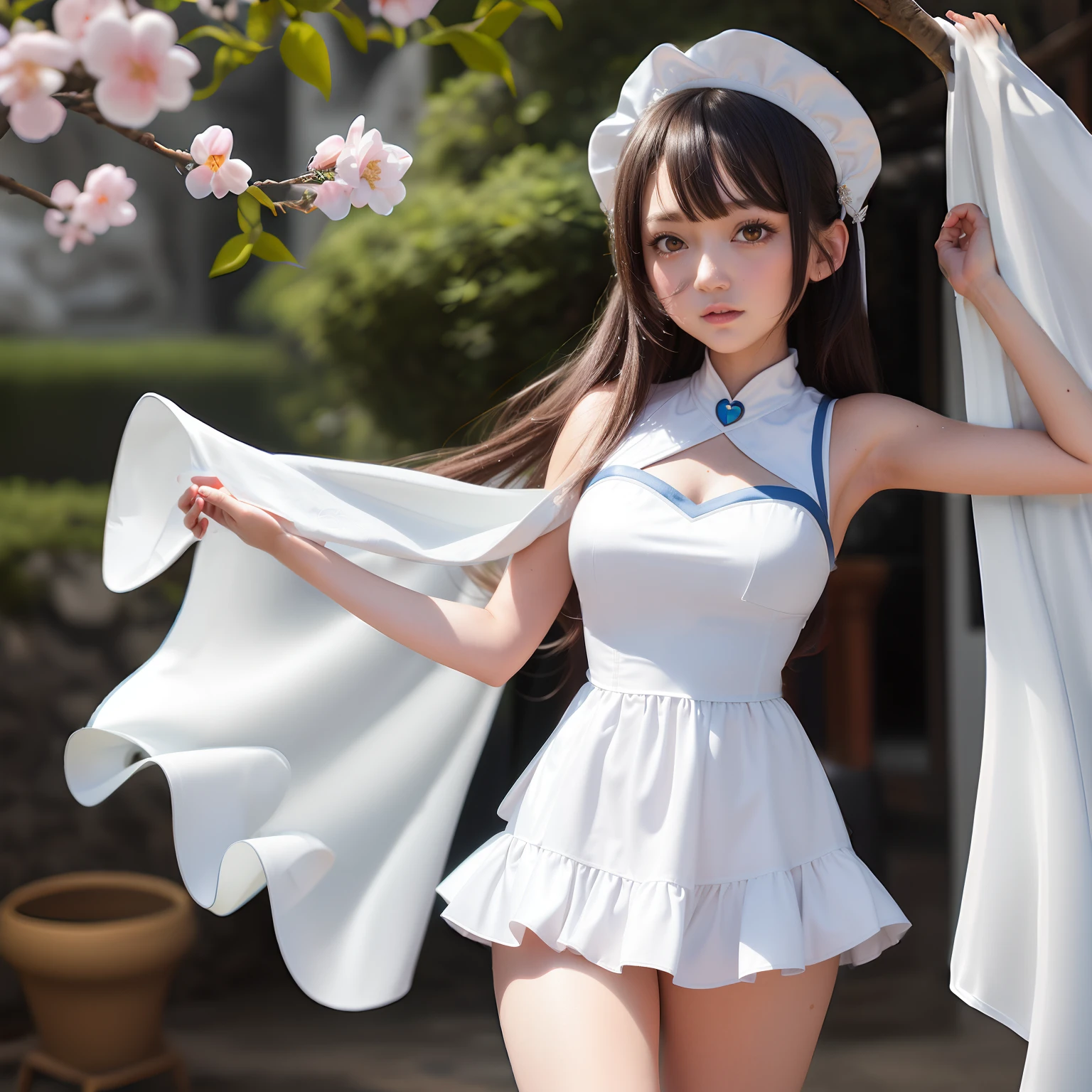 there is a woman in a white dress and a white cape, trending on cgstation, Anime girl cosplay, trending at cgstation, cute anime waifu in a nice dress, Smooth anime CG art, White Hanfu, a sexy maid in a magical forest, cosplay of a catboy! maid! dress, Loli, Anime cosplay, 3D anime realistic white silk，Get wet