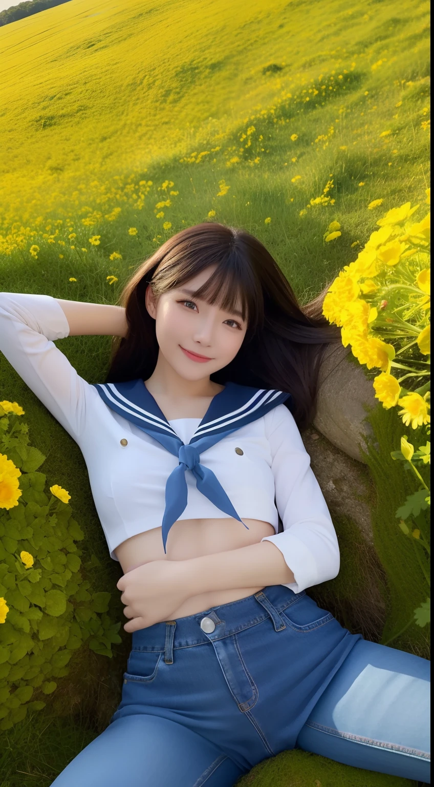 A smiling girl，Wear a tight sailor suit，denim pant，Lying on a large mossy rock in the middle of a field of rape flowers，There is a river next to it，com rosto detalhado，The eyes are delicate，The photo quality is the best，Realistic image quality，Background diffuse lighting，Depth of field display。