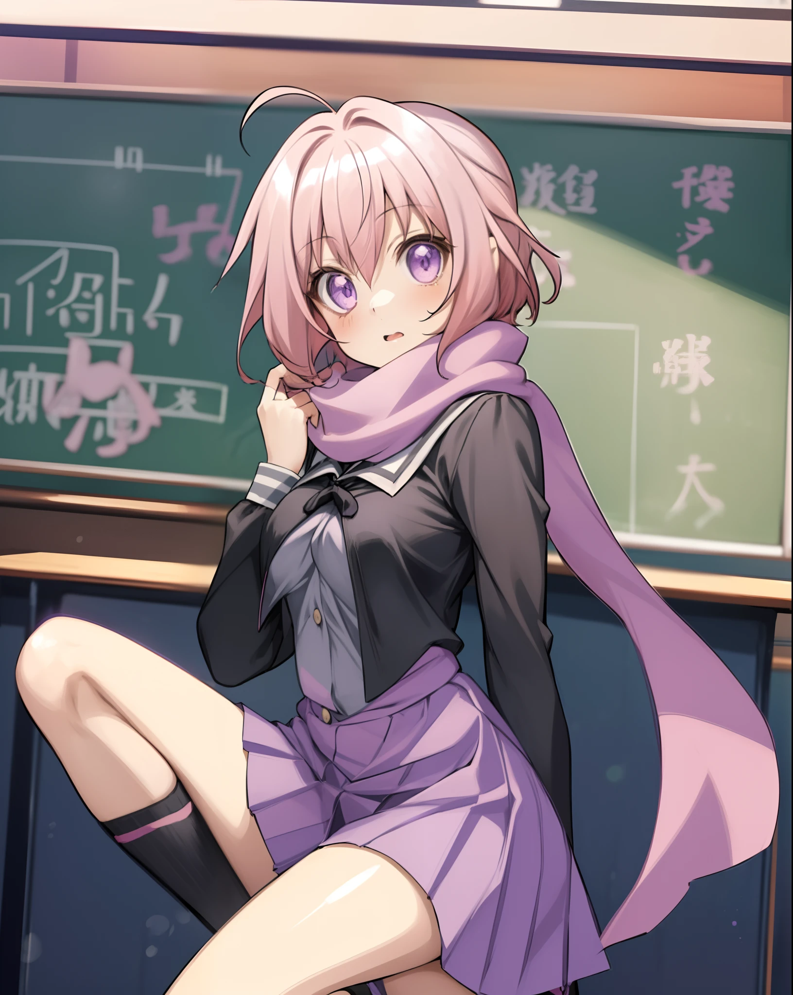 solo, (((anime girl with pink hair))), (violet eyes), (purple scarf), school uniform, skirt, ((classroom in background)), ((extremely detailed)), (high quality)