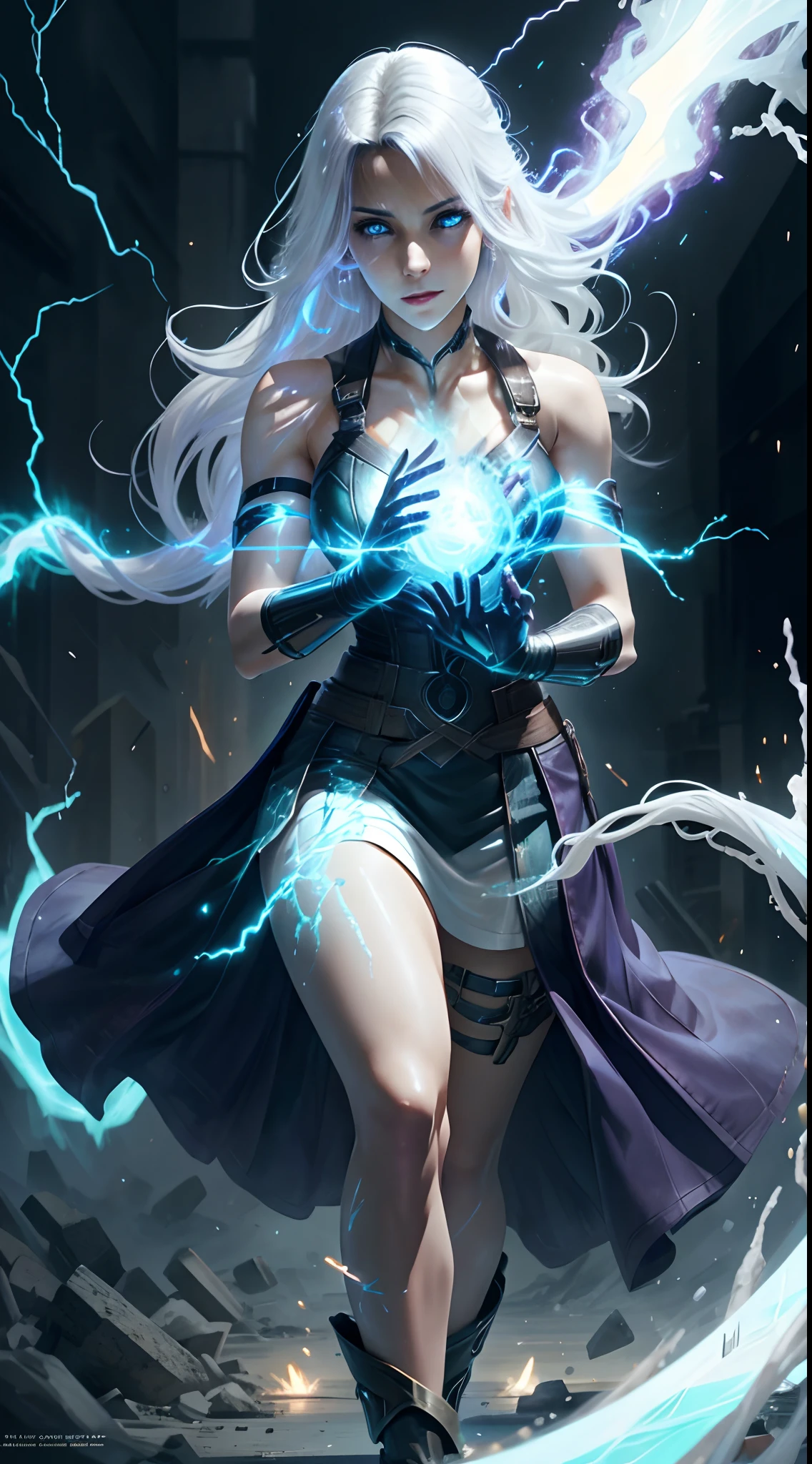 top-quality、Top image quality、masterpiece、teens girl((a baby face、White hoodie with open chest、Black skirt、18year old、 Ager、Best Bust、big bast,Beautiful light blue eyes, Long silver hair、A slender,Large valleys、Reflecting the whole body、Leaning forward、Alert、Blue flame aura on fist)),hiquality、Beautiful Art、Background with((Ruins、survival、Suspicious person))masterpiece、depth of fields,
