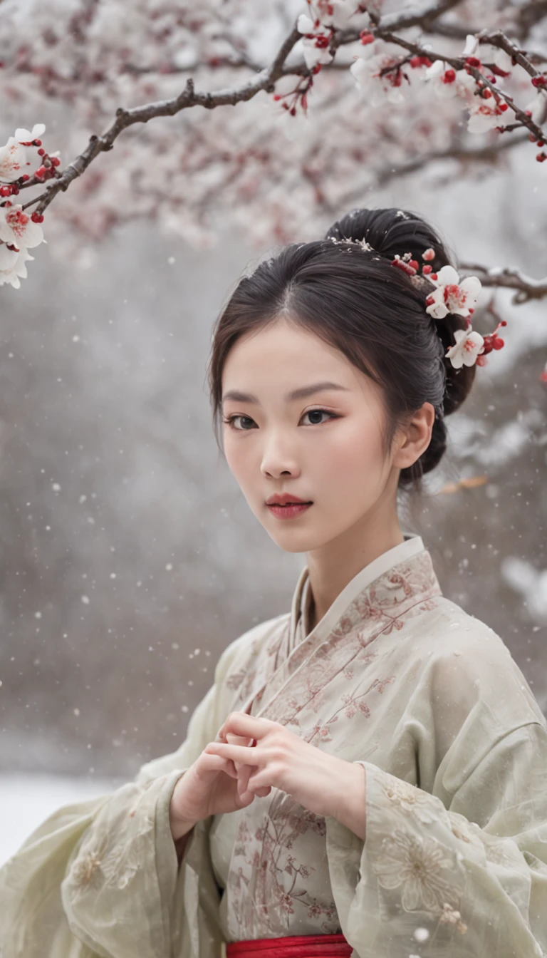 （Blurred foreground：It was snowing heavily：2.0，），（Plum blossoms fly：1.4），（Chinese Song dynasty beauties dancing），（realisticlying，Long flowing black hair，anatomy correct，Korean star face，ssmile，The hands and face are very delicate and clear），（Stand in the middle of a quaint courtyard，Plum tree，Song dynasty winter clothing，Abstract gouache splash：1.2，），（wide angles，Ultra HD details，Masterpiece, hyper HD, Super detail, High details, Best quality, A high resolution, Award-Awarded, 8K），（Chinese premium color scheme，电影灯光）