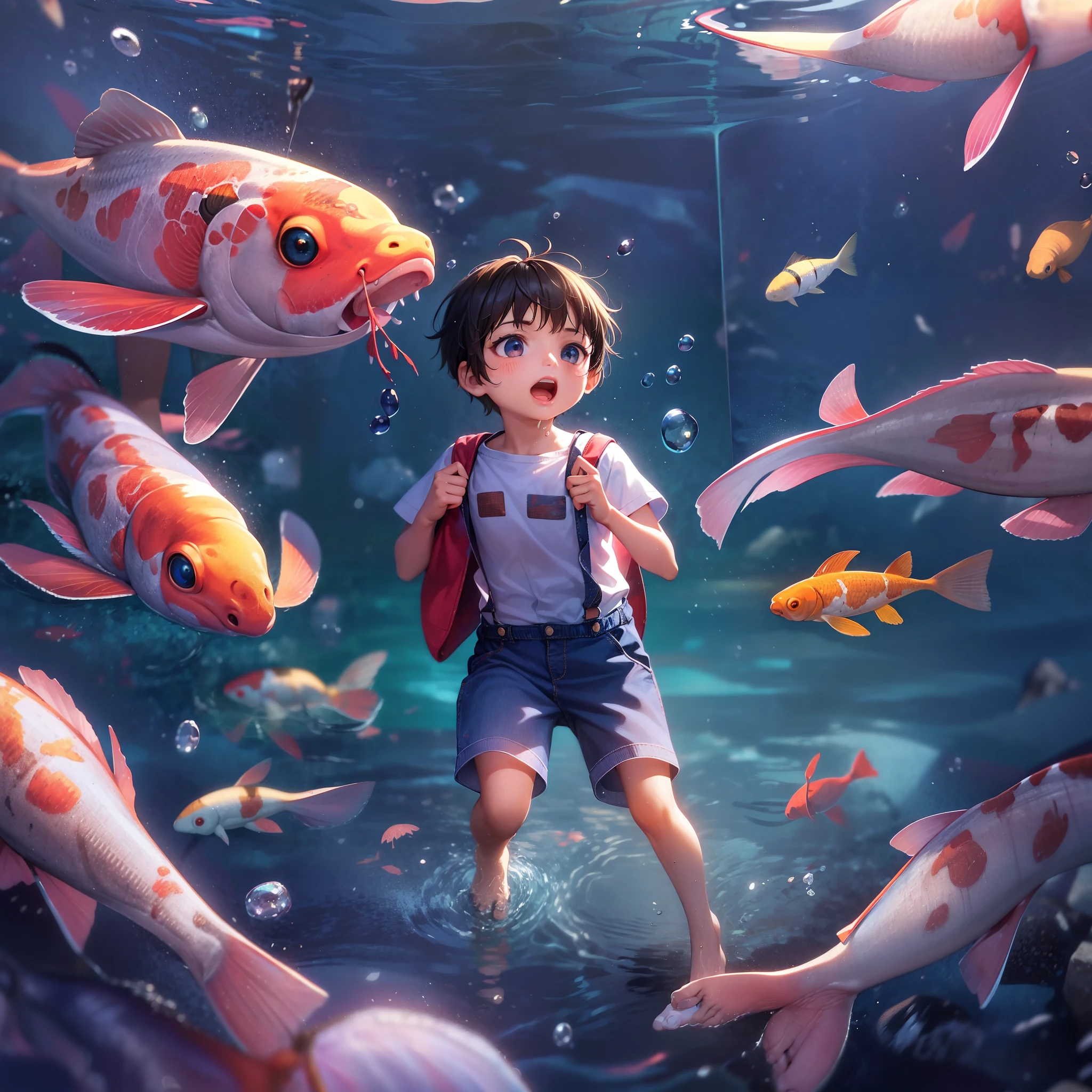 Little boy swimming in the sea with koi in his arms，short detailed hair，Denim suspenders，The barefoot，depth of fields，high light，Real light，Ray traching，oc rendered，Hyper-realistic，best qualtiy，8K，Works of masters，super-fine，Detailed pubic hair，Correct anatomy，sharp focus on eyes，Bokeh，Facial features are carefully depicted