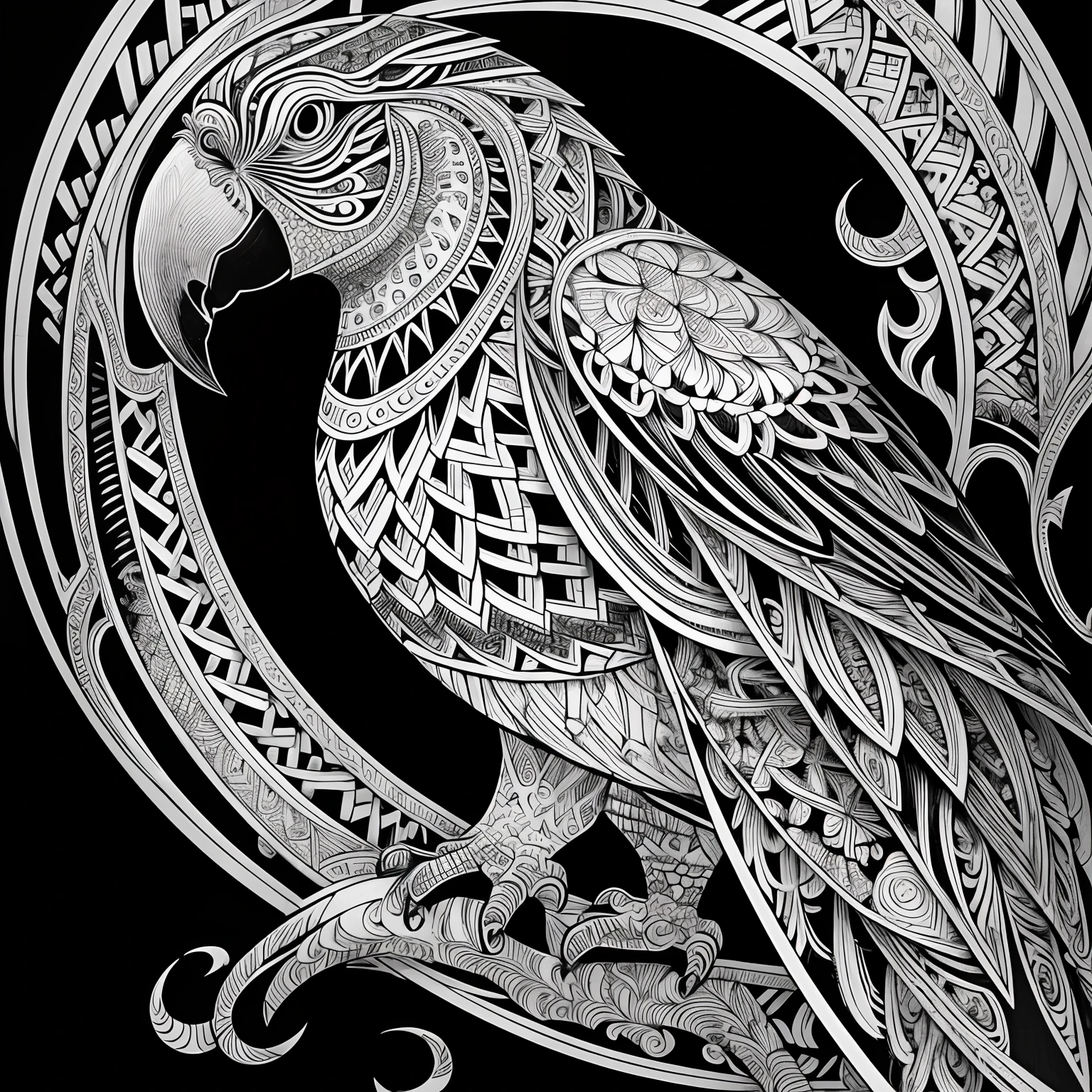 parrot, black and white, zentangle (best quality) ultra-detailed, fine line drawing, fine line art, coloring book illustration style, intricate linework, highly detailed illustration, perfect composition, beautiful and stunning, dynamic angle, high contrast, incredible shading, incredible detail, unique style, black and white details, (dark and mystical atmosphere), intricate and detailed nature elements.