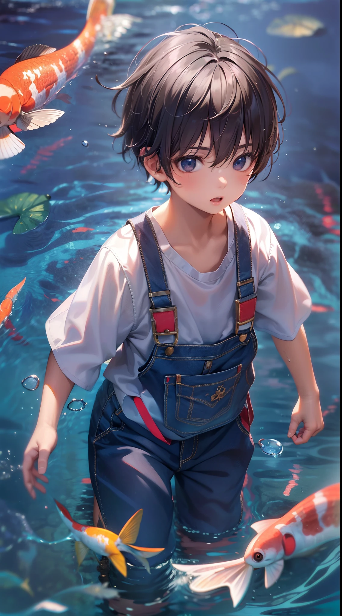swimming in the sea with koi in his arms,short detailed hair,Denim suspenders,The barefoot,depth of fields,high light,Real light,Ray traching,oc rendered,Hyper-realistic,best qualtiy,8K,Works of masters,super-fine,Detailed pubic hair,Correct anatomy,sharp focus on eyes,Bokeh,Facial features are carefully depicted