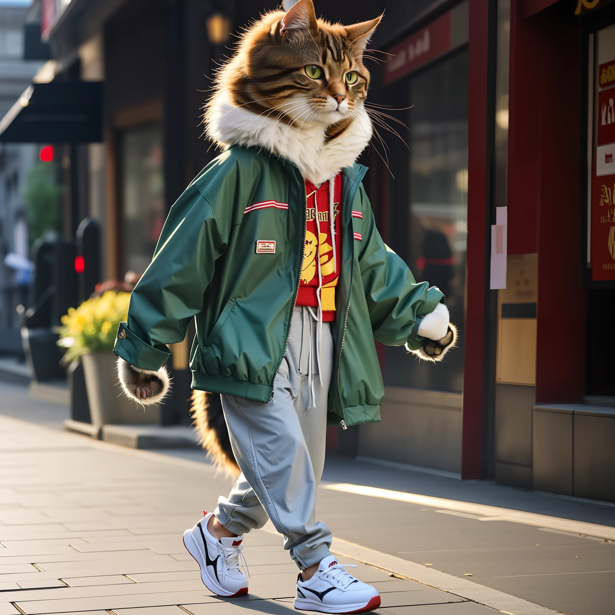 Sword in hand,Wearing a red cloak,Cool handsome cat,There was a cat walking down the street wearing a jacket, the cat is walking, fursona wearing stylish clothes, proudly walking down the street, highly fashionable, Cute cat, casually dressed, real-life tom and jerry, running cat, an anthro cat, awesome cat, looking heckin cool and stylish, funny cat, dressed casually, dressed with long fluent clothes