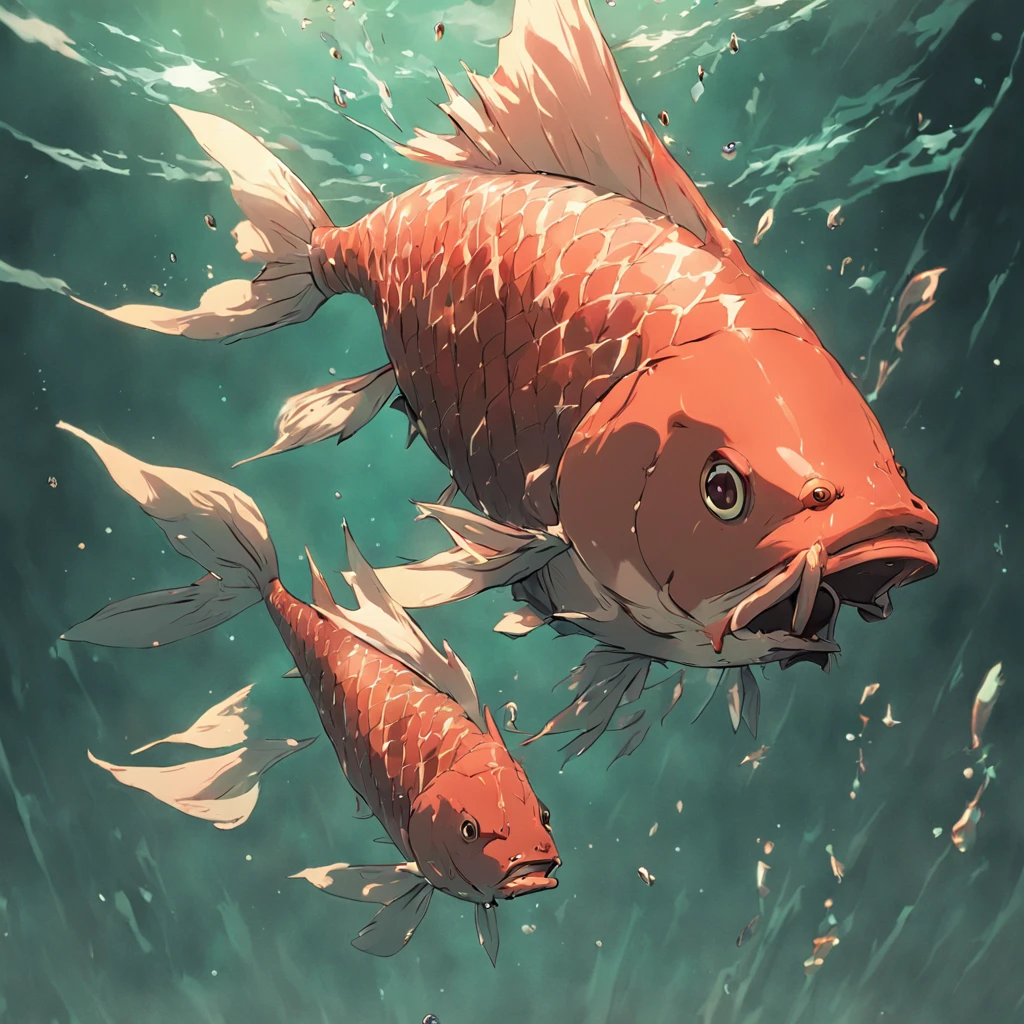 Fish with red-brown and cream scales with green fins and ogre fangs, Masterpiece, Best Quality