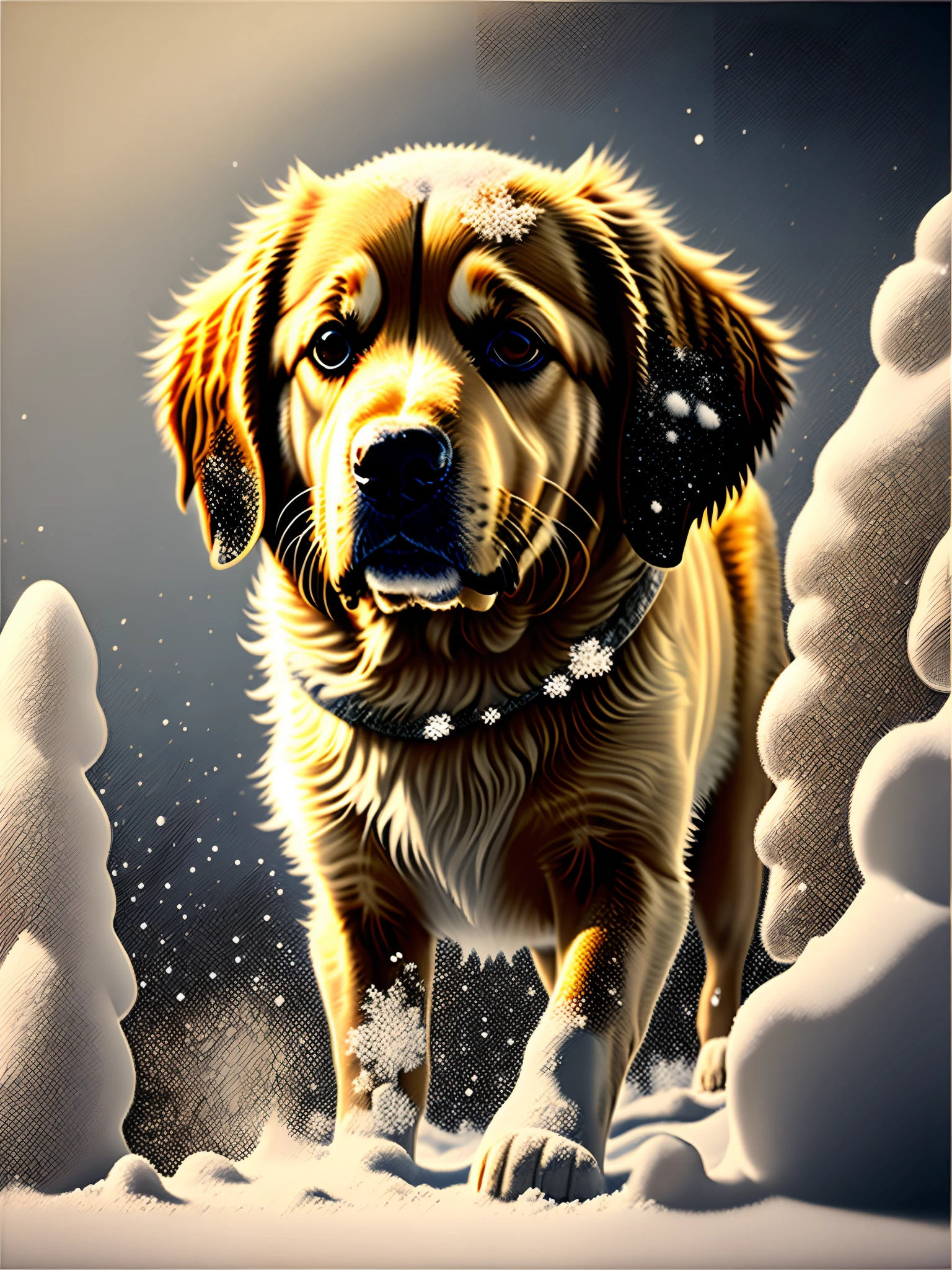 snowfield,drifting snow,Golden Retriever,mature,cute little,Realistic style,Close-up of the Photogram