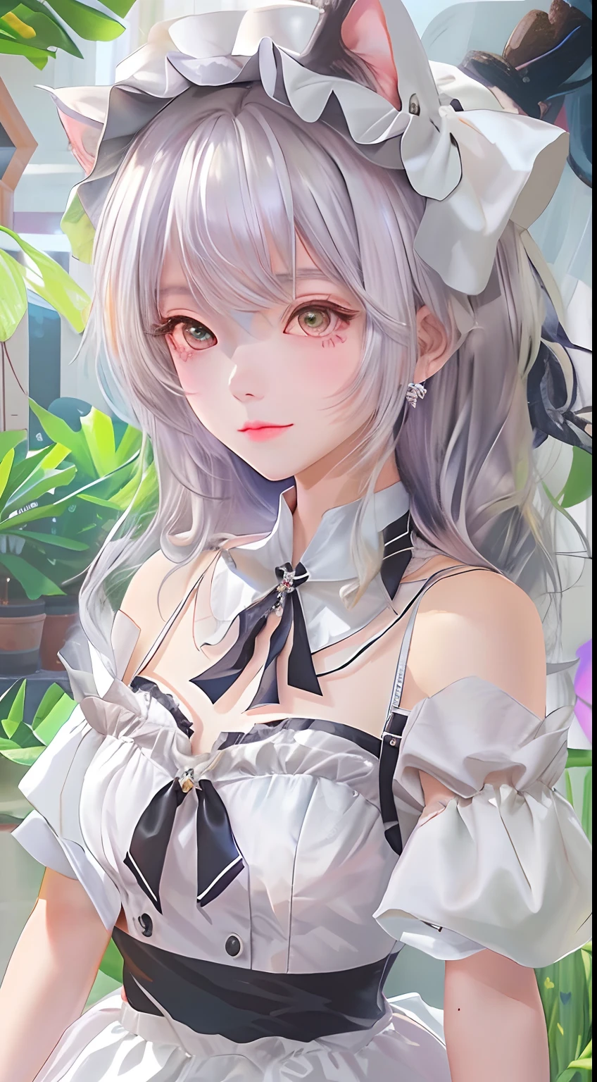there is a woman with a white dress posing for a picture, cosplay of a catboy! maid! dress, Anime girl cosplay, cute anime waifu in a nice dress, small curvaceous loli, loli in dress, Anime cosplay, Loli, cosplay foto, azur lane style, portrait of magical lolita girl, White hair,mediuml breasts,beauitful face