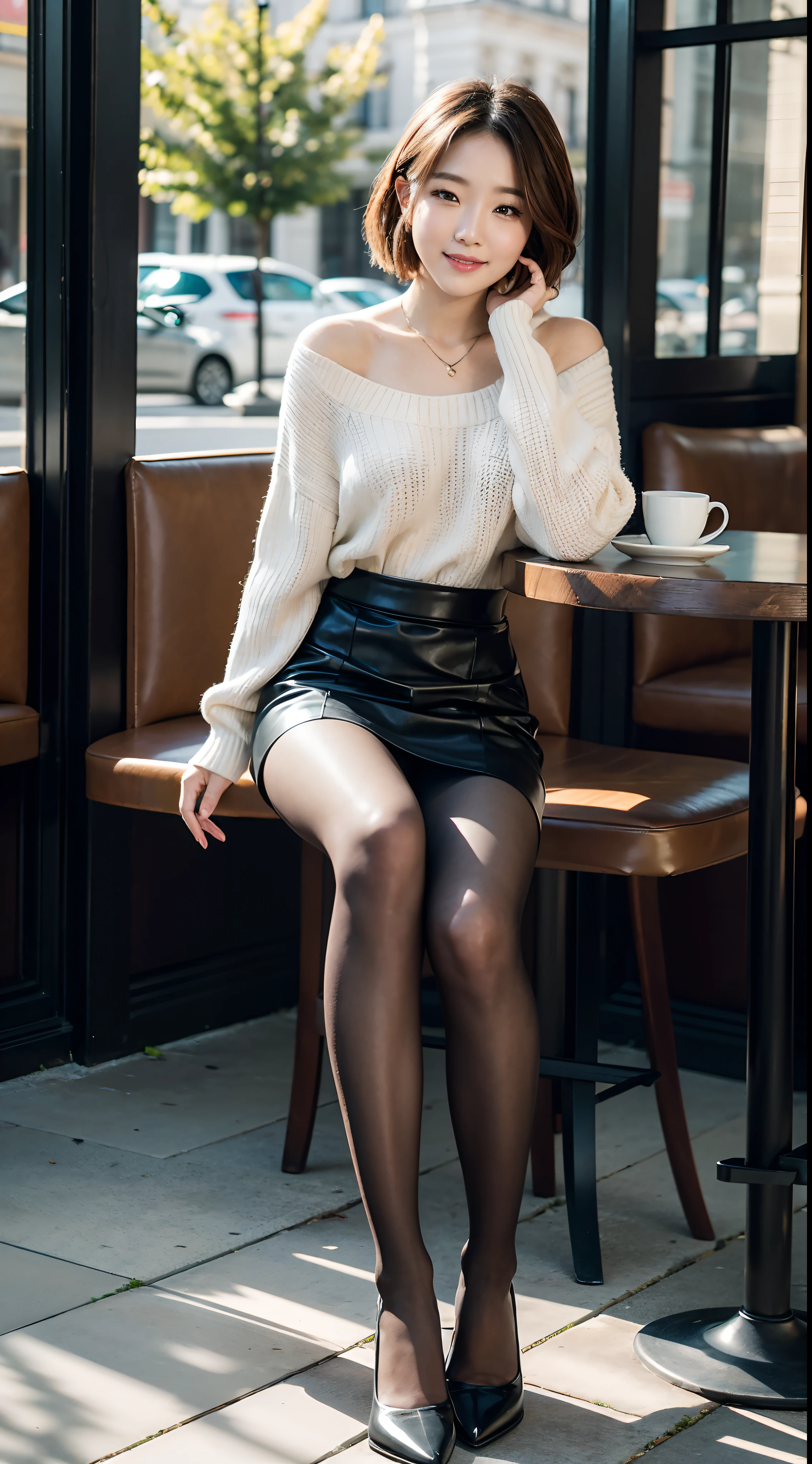 8k uhd, dslr,film grain, Fujifilm XT3,(best quality:1.3), (masterpiece:1.1), high resolution, cinematic light, intricate details, (photorealistic),outside,beautiful outside,sunny,
korean girl,(in cafe:1.5) , dimples, bobcut, looking at viewer, detailed trees, ribbons, bowties, bare shoulders, ribbed sweater,
pencil skirt, high-waist skirt, head rest, sitting, indoors,
necklace,black pantyhose, sheet transportation sweater, (smile),(full body:1.6),slender,